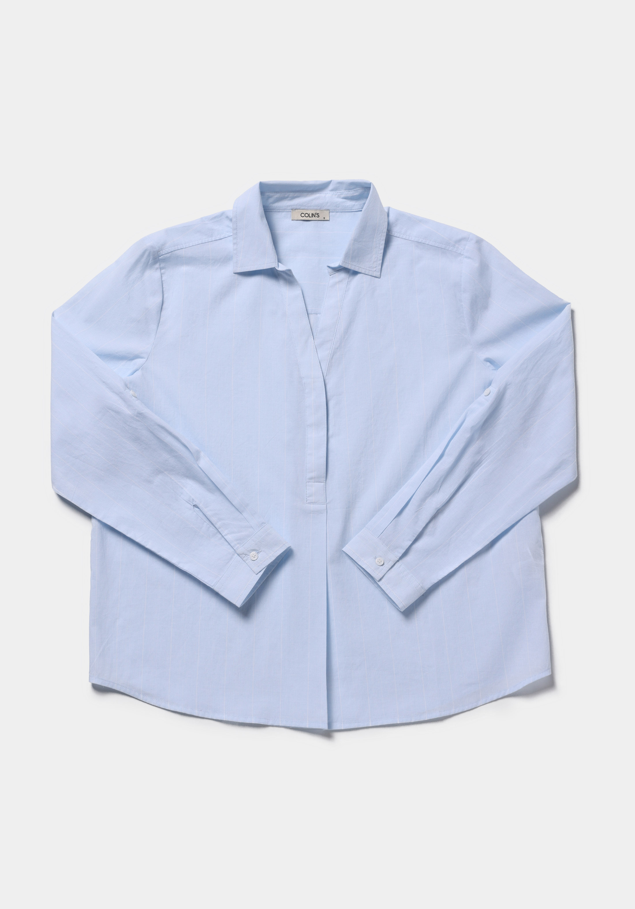 Regular Fit Shirt Neck Çizgili Kadın Mavi Roll-up Gömlek