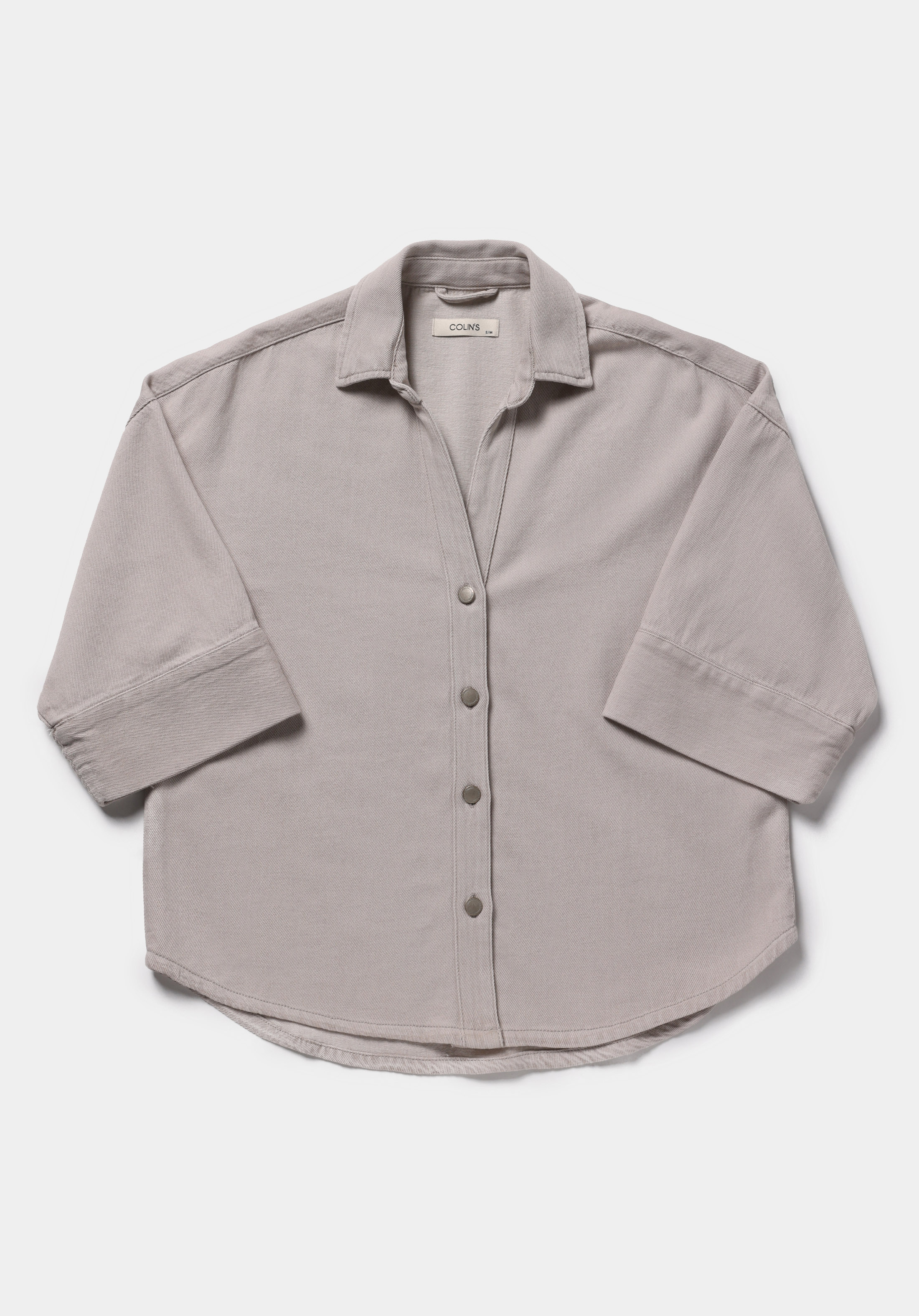 Oversize Fit Klasik Yaka Düz Kadın Colour Denim Kısa Kol Gömlek