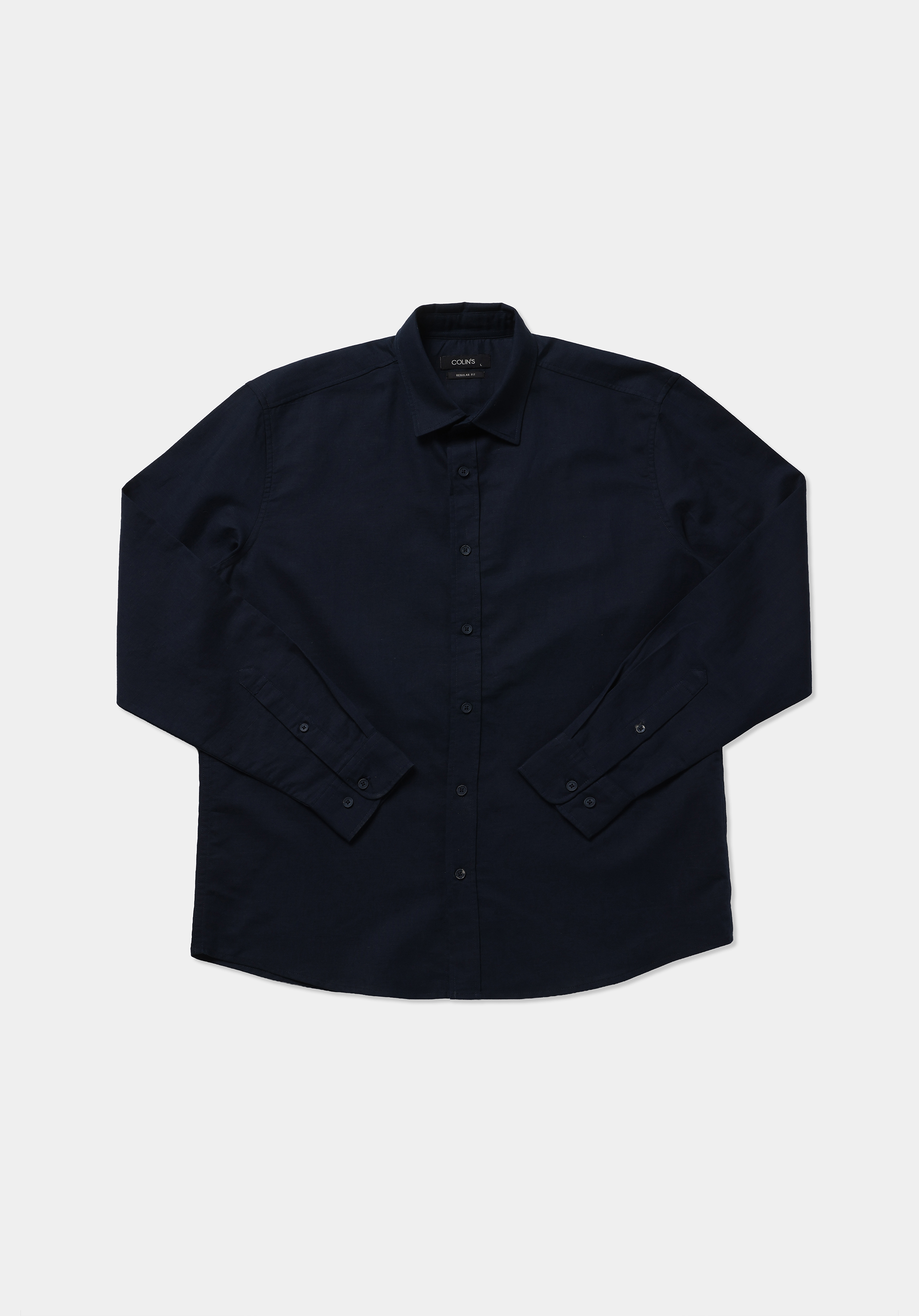 Regular Fit Shirt Neck Düz Erkek Lacivert Uzun Kol Gömlek