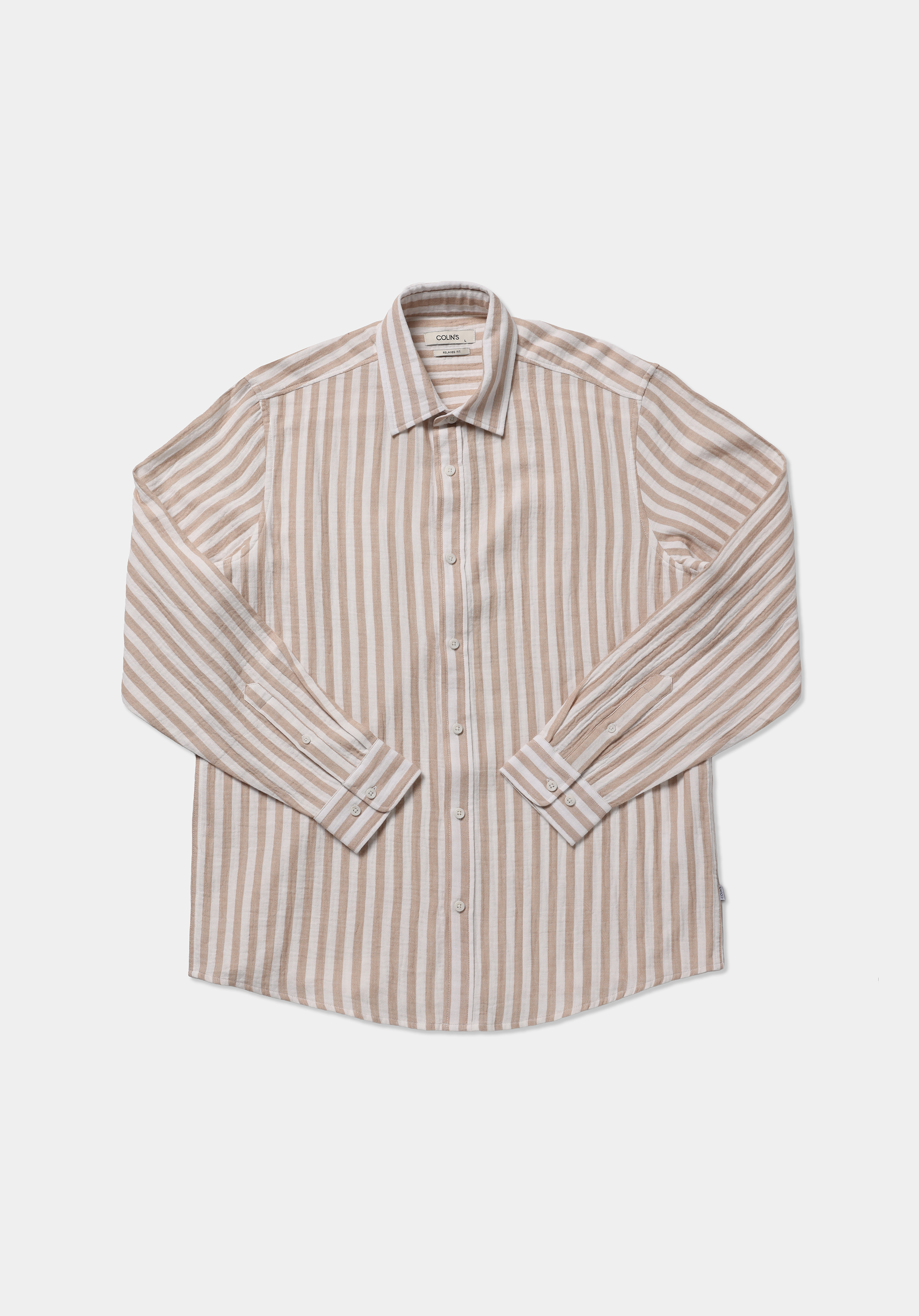 Relaxed Fit Shirt Neck Çizgili Erkek Bej Uzun Kol Gömlek