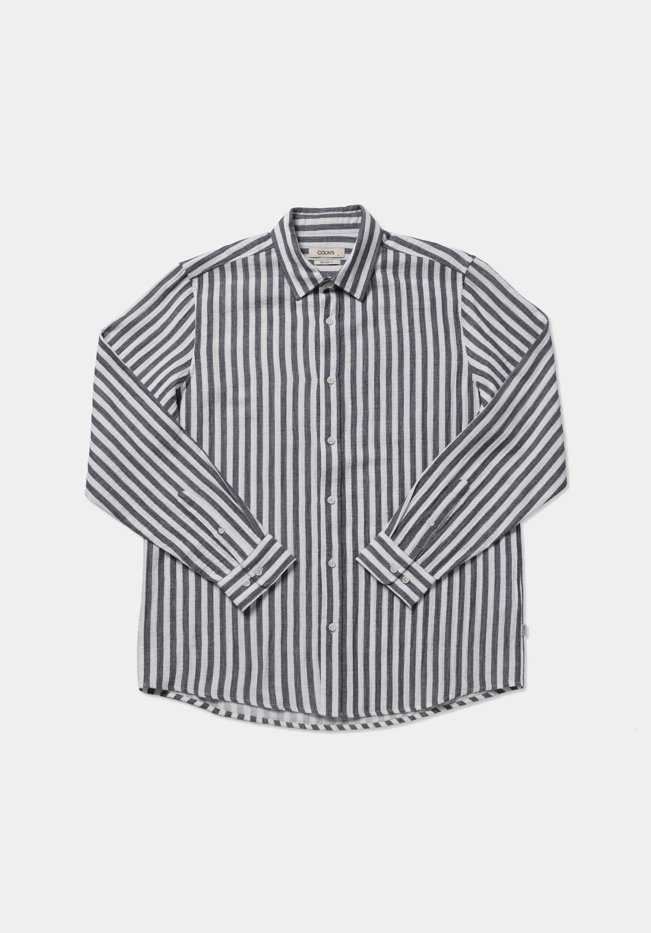 Relaxed Fit Shirt Neck Çizgili Erkek Lacivert Uzun Kol Gömlek