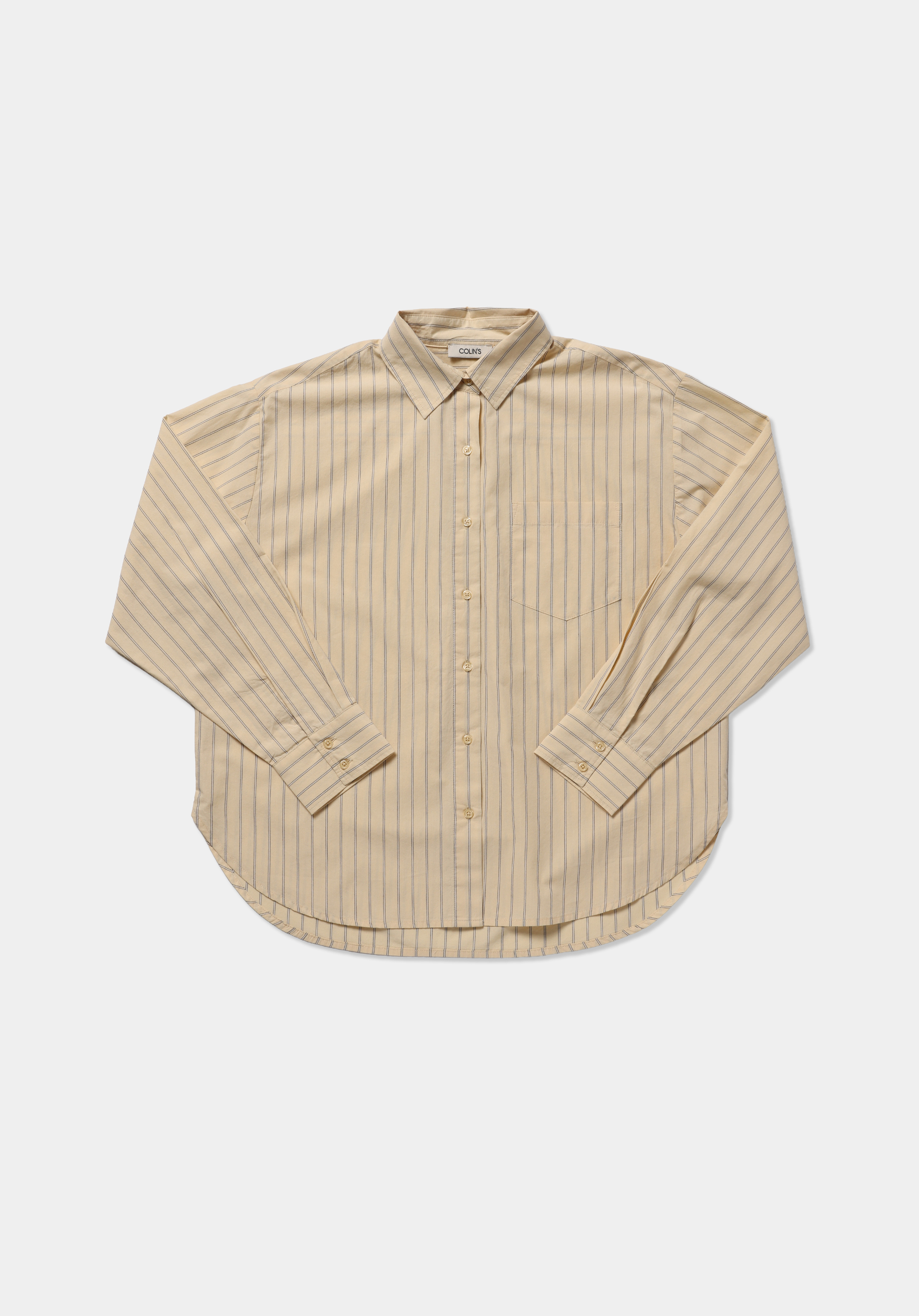 Boyfriend Fit Shirt Neck Çizgili Kadın Sari Uzun Kol Gömlek