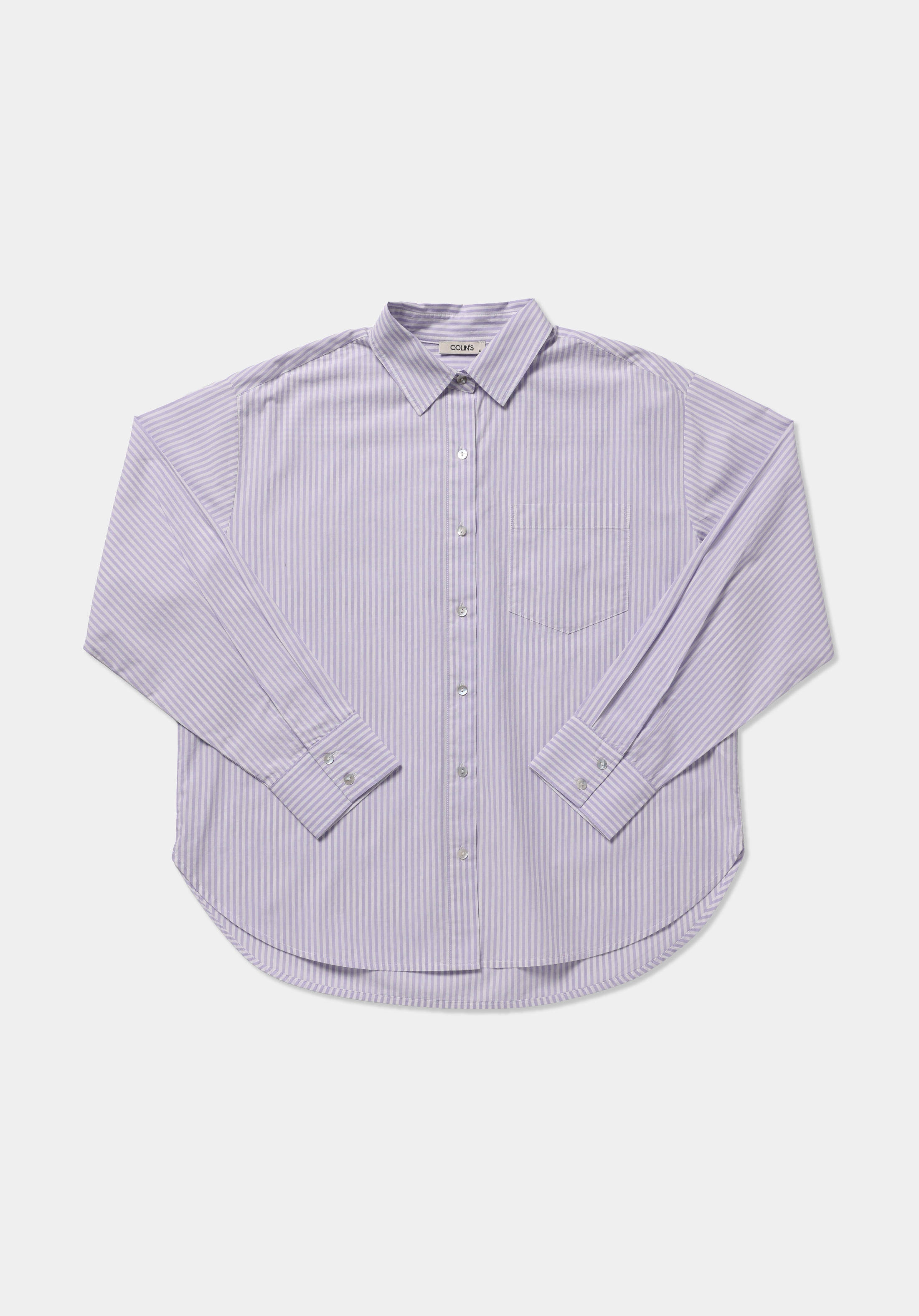 Boyfriend Fit Shirt Neck Çizgili Kadın Mor Uzun Kol Gömlek