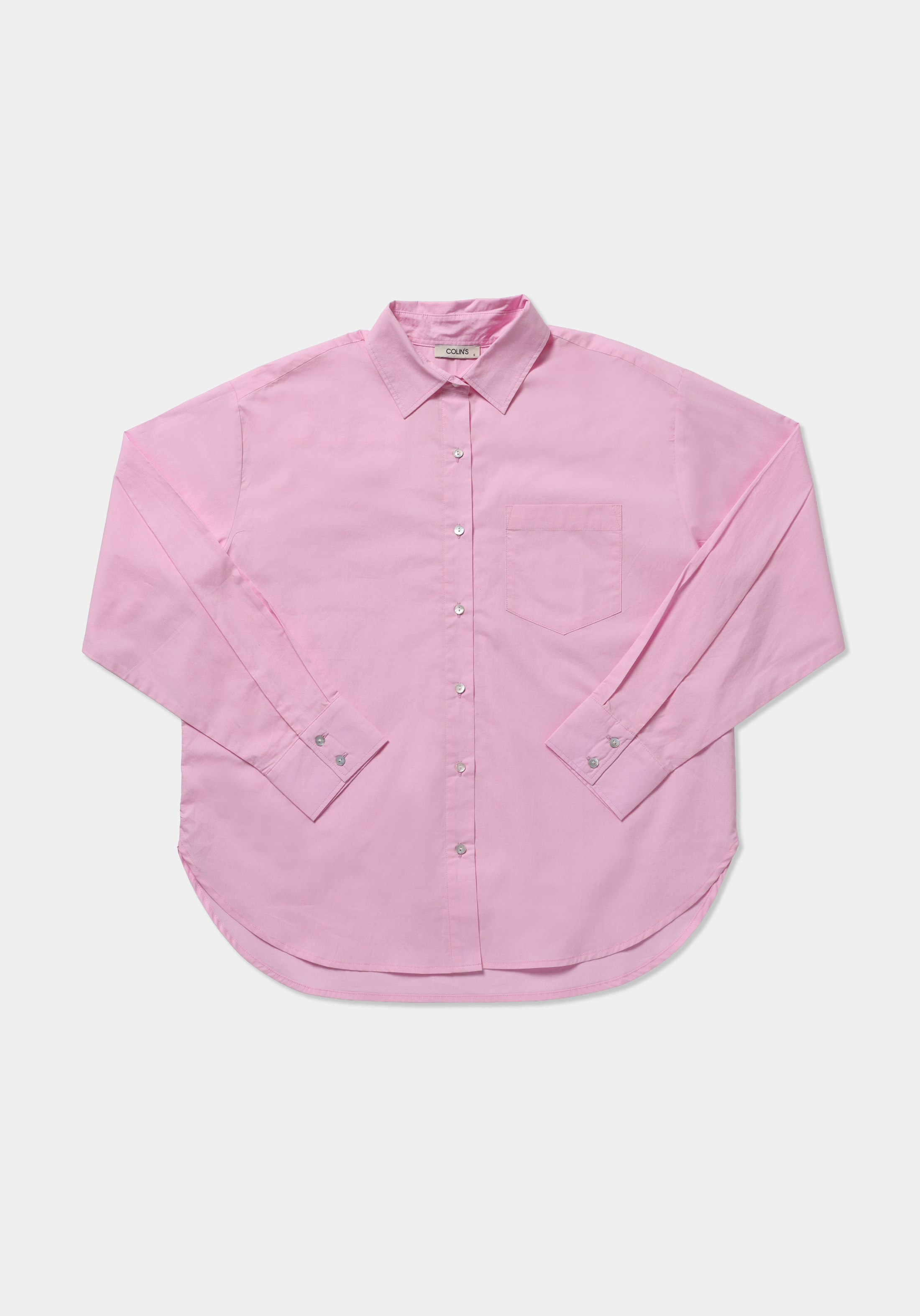 Boyfriend Fit Shirt Neck Düz Kadın Pembe Uzun Kol Gömlek