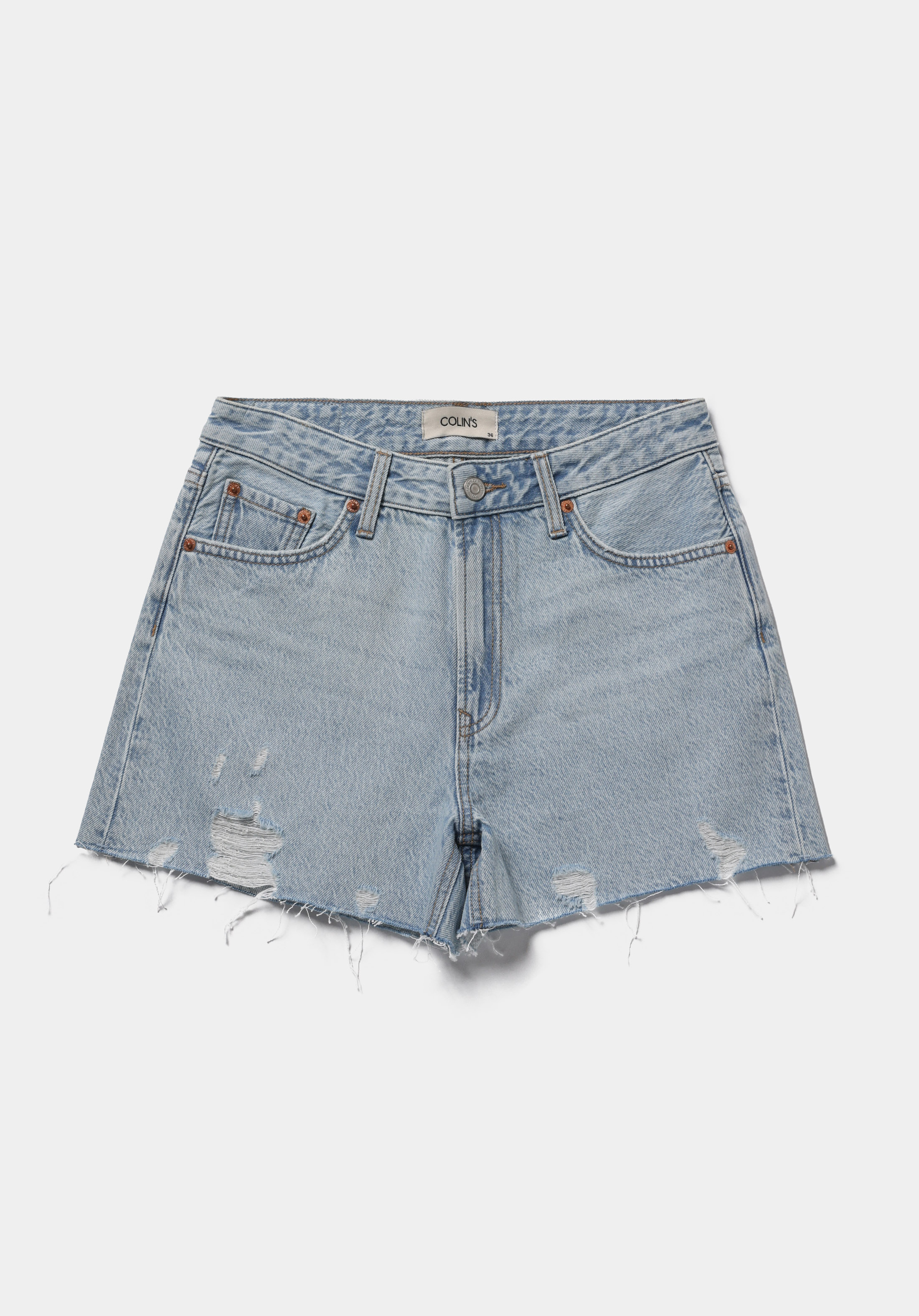 Mom Fit Orta Bel Düz Kadın Bleach İndigo Denim Jean Şort