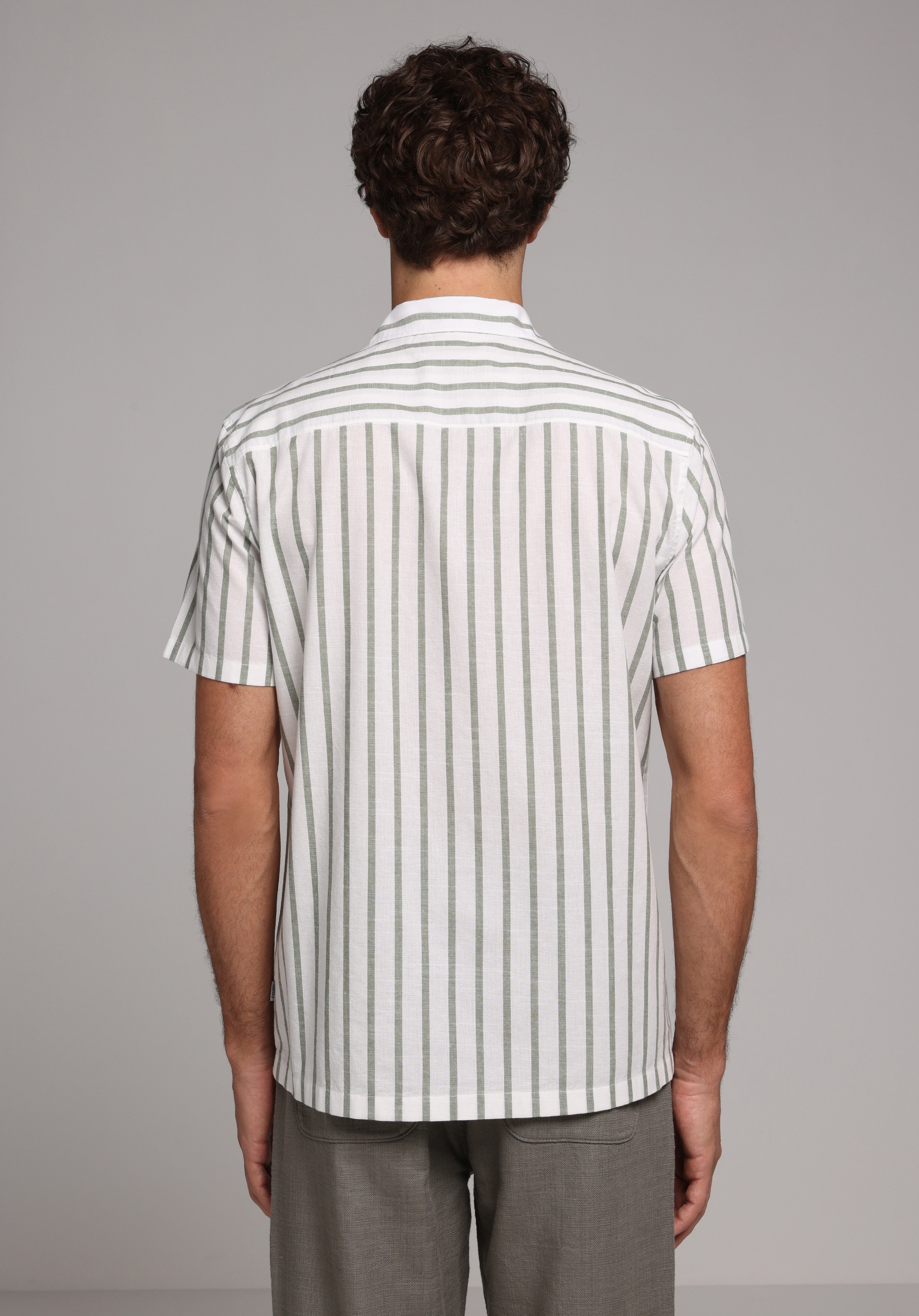 Regular Fit Shirt Neck Çizgili Erkek Yeşil Kısa Kol Gömlek