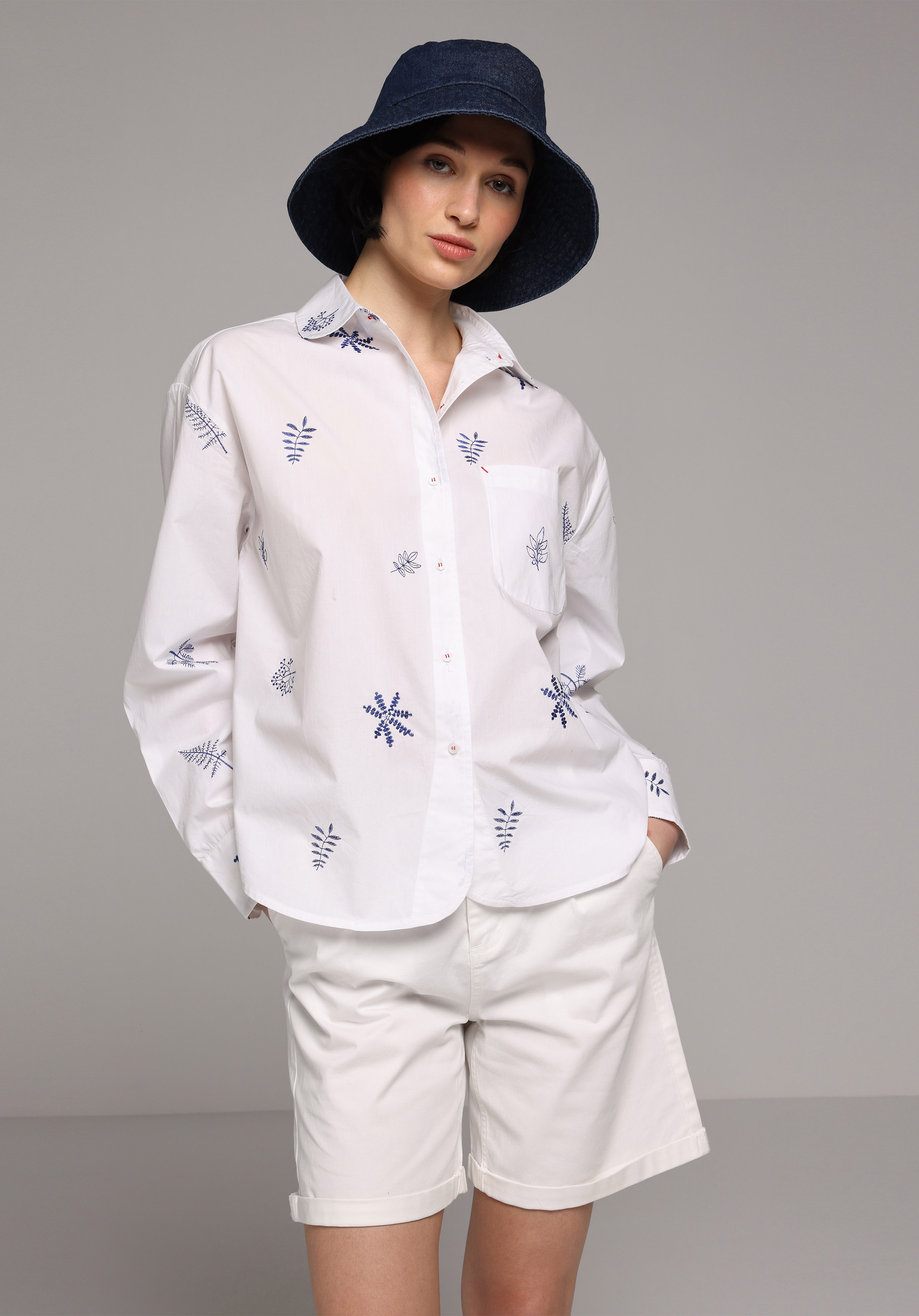 Boyfriend Shirt Neck Nakışlı Kadın Ekru Uzun Kol Gömlek