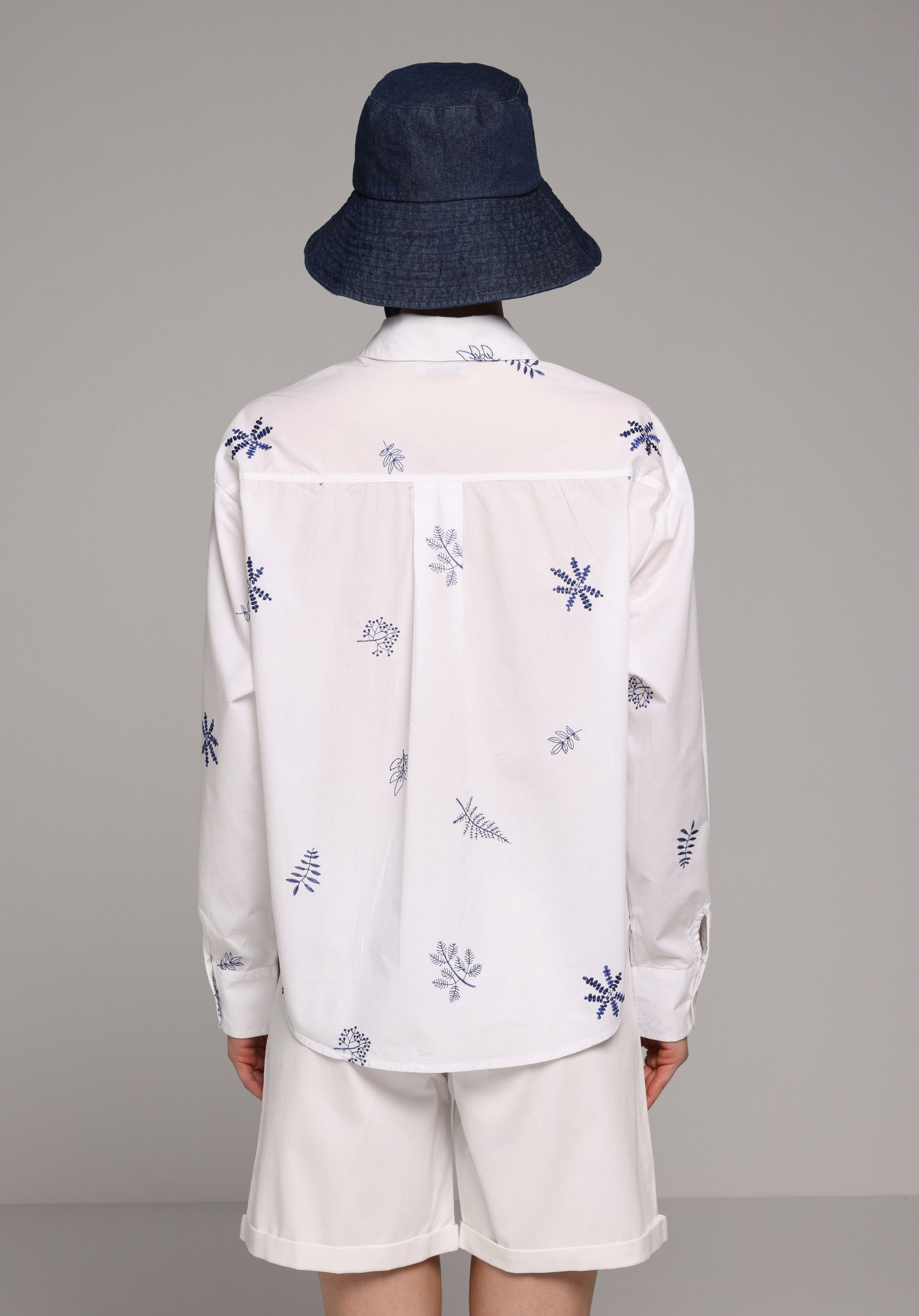 Boyfriend Shirt Neck Nakışlı Kadın Ekru Uzun Kol Gömlek