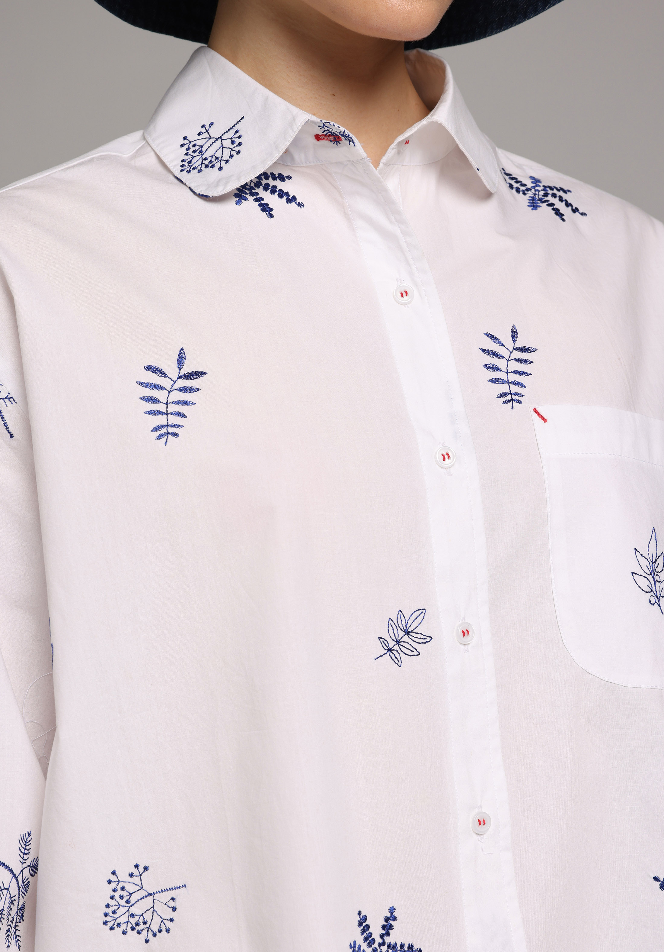 Boyfriend Shirt Neck Nakışlı Kadın Ekru Uzun Kol Gömlek