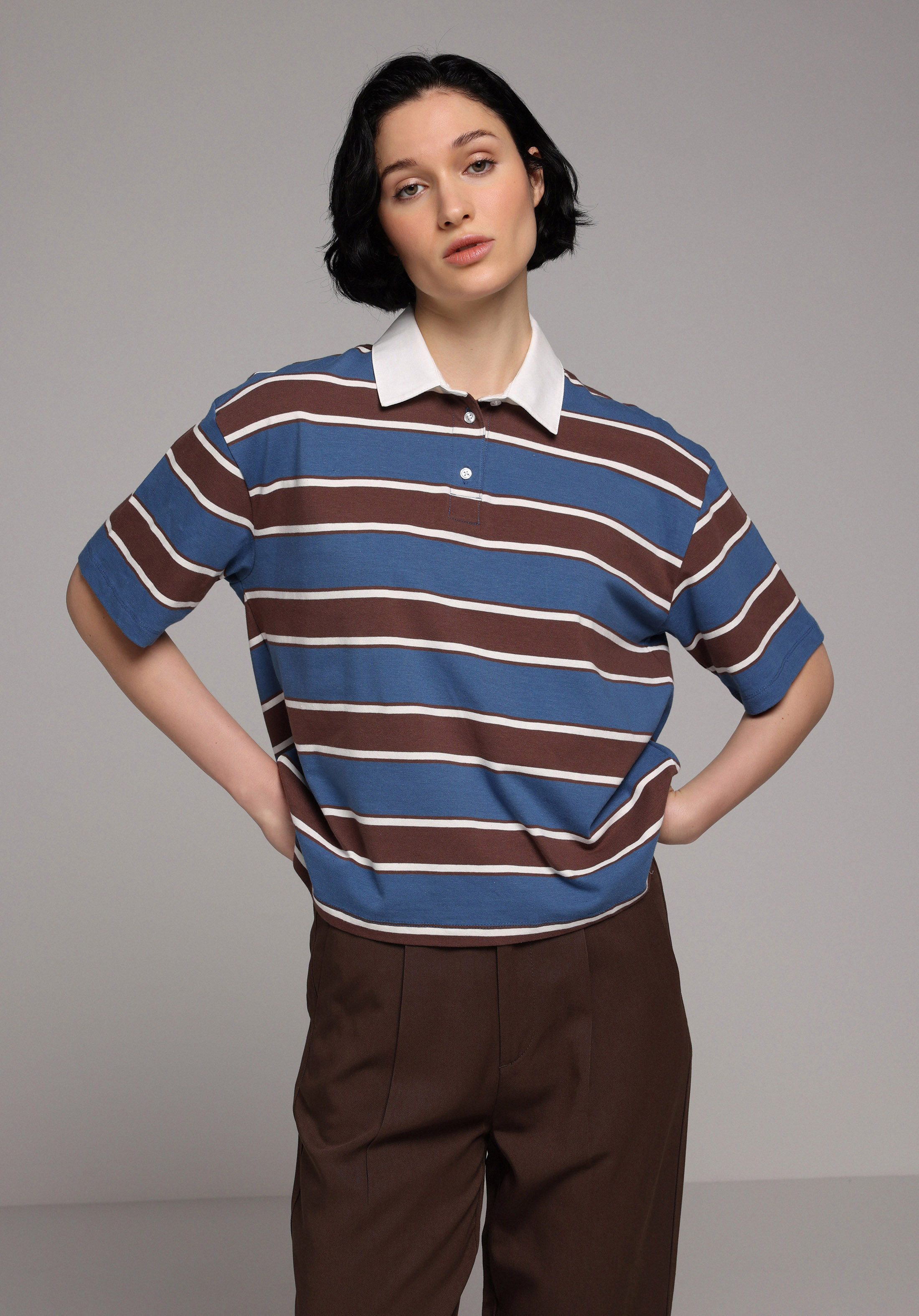 Regular Fit Polo Yaka Çizgili Kadın Lacivert Kısa Kol Tişört