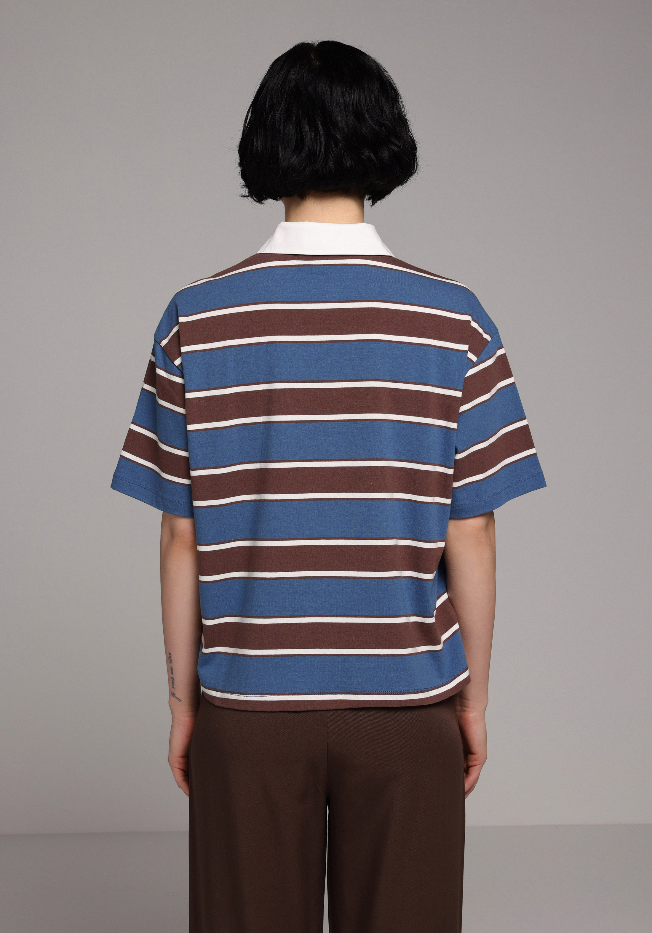 Regular Fit Polo Yaka Çizgili Kadın Lacivert Kısa Kol Tişört