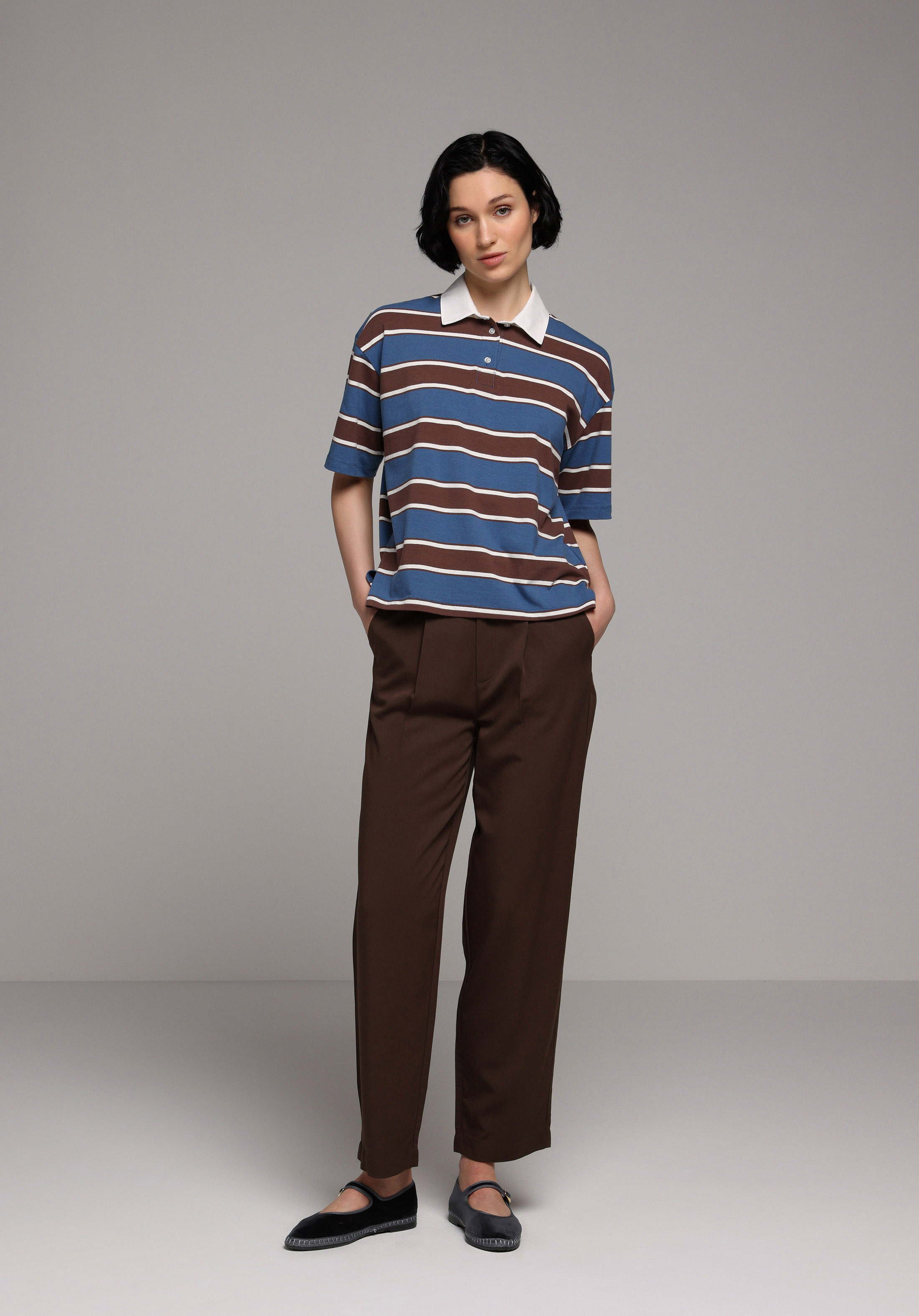 Regular Fit Polo Yaka Çizgili Kadın Lacivert Kısa Kol Tişört