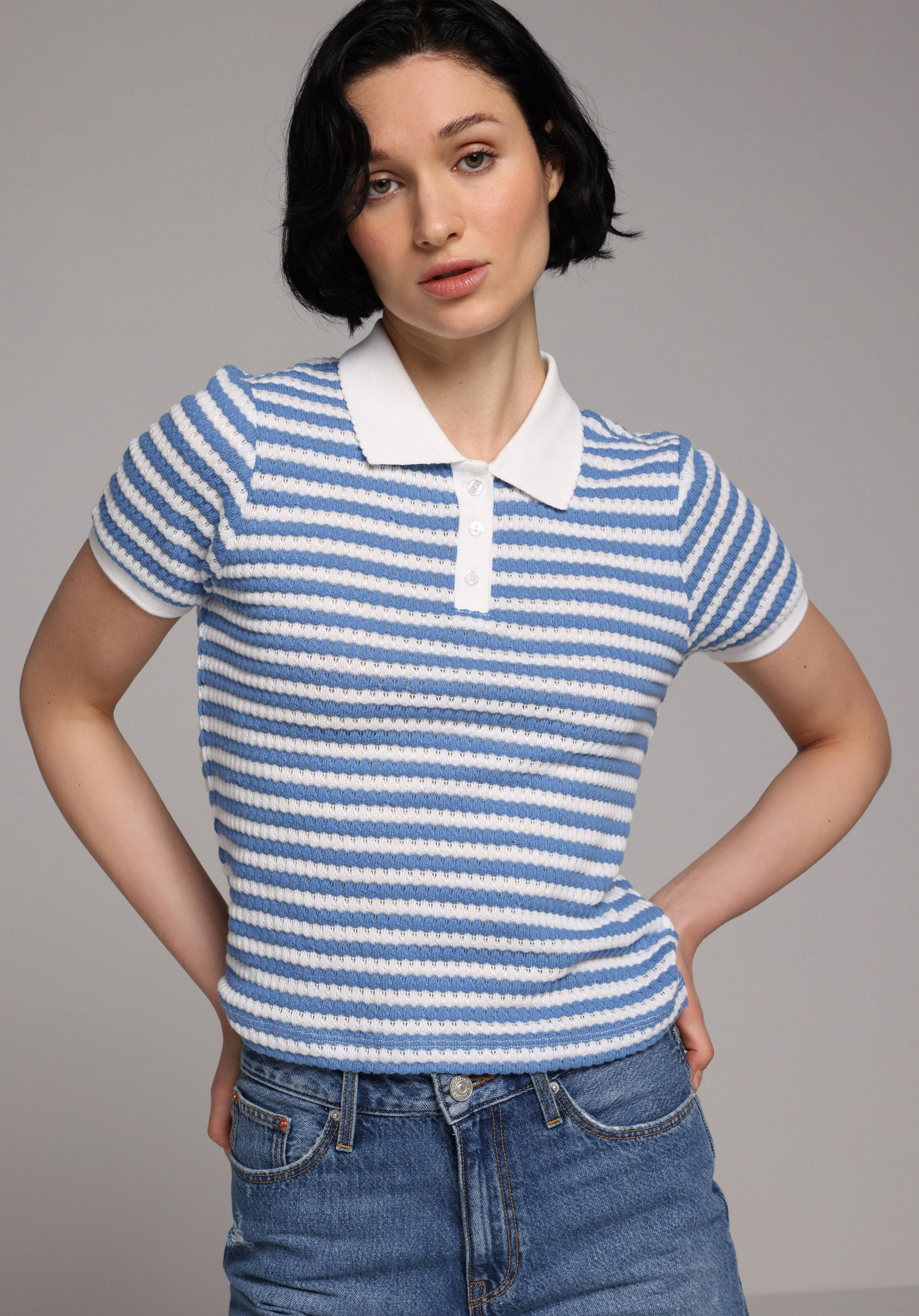 Slim Fit Polo Yaka Çizgili Kadın Mavi Kısa Kol Tişört