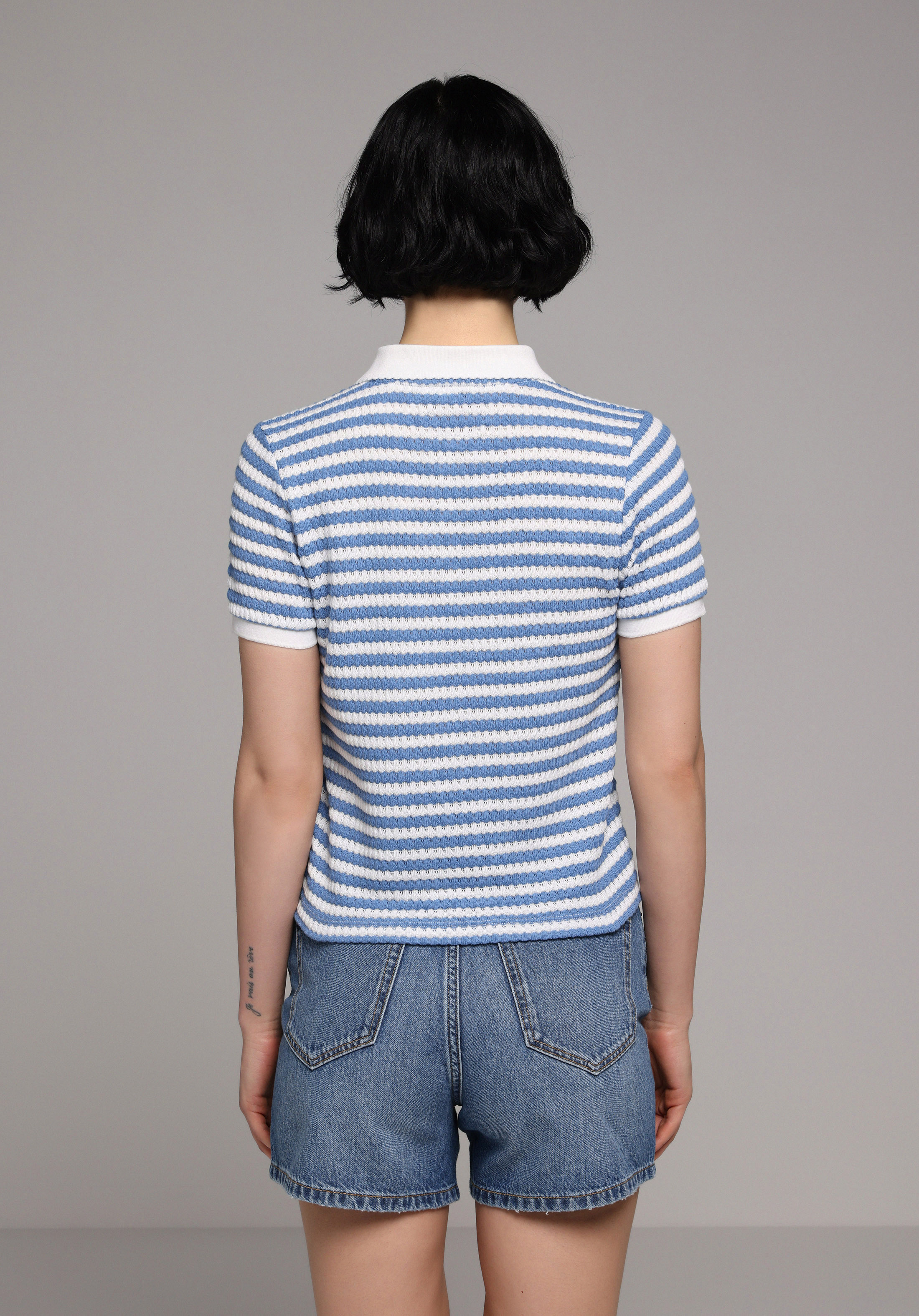 Slim Fit Polo Yaka Çizgili Kadın Mavi Kısa Kol Tişört