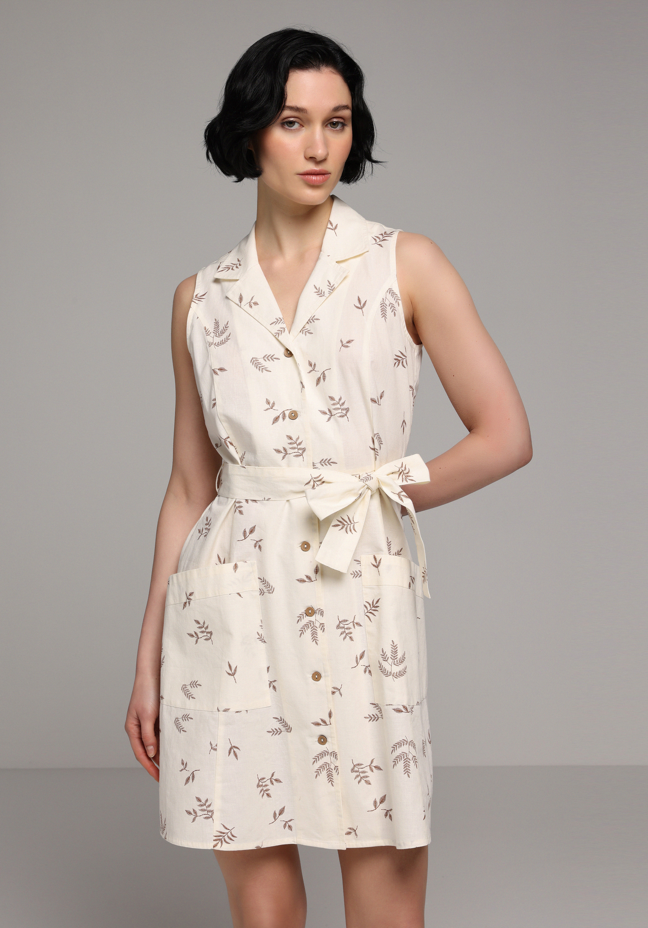 Regular Fit Metraj Baskılı Kadın Ekru Kolsuz Elbise