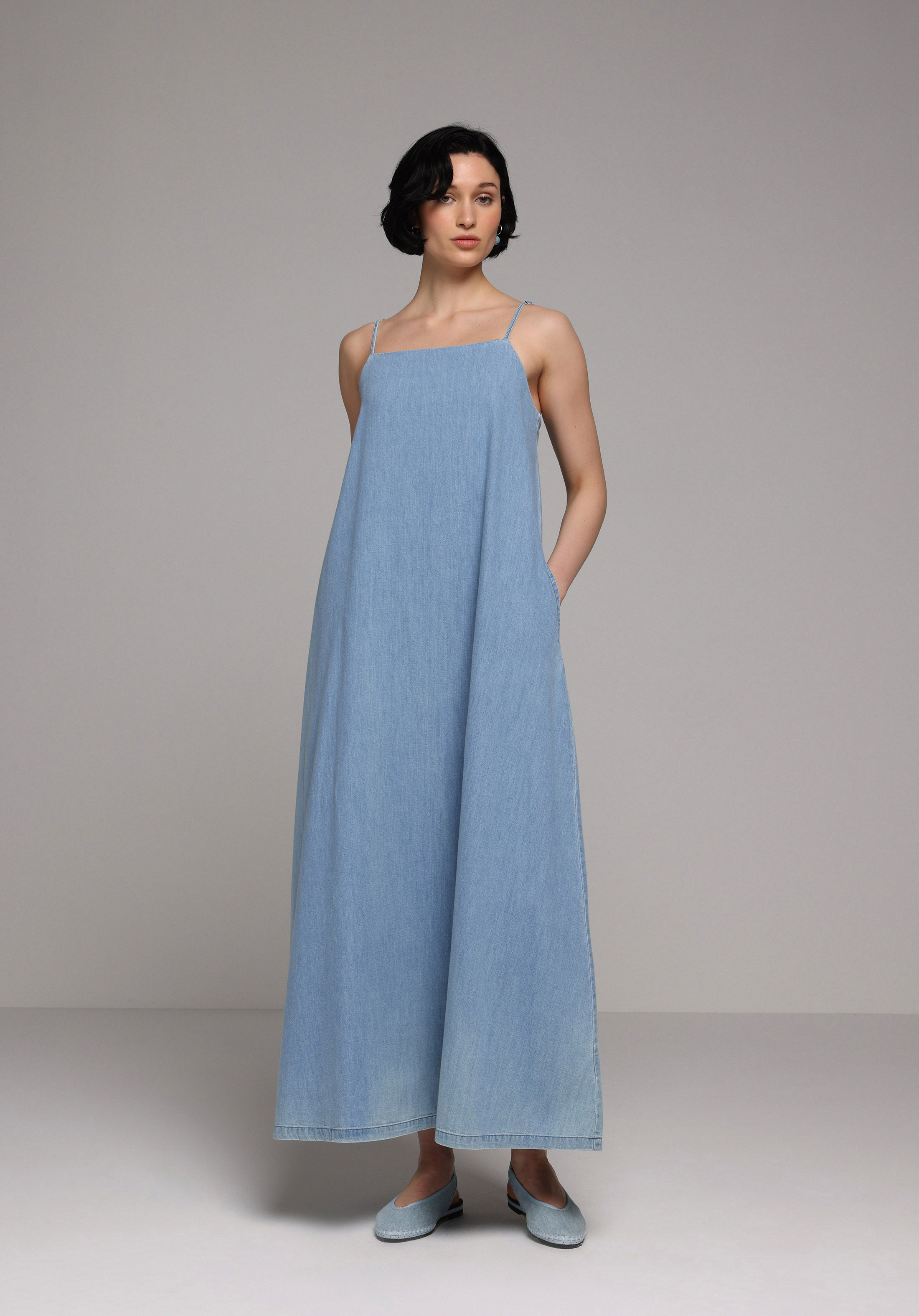 Regular Fit Düz Kadın Light İndigo Denim Askılı Elbise