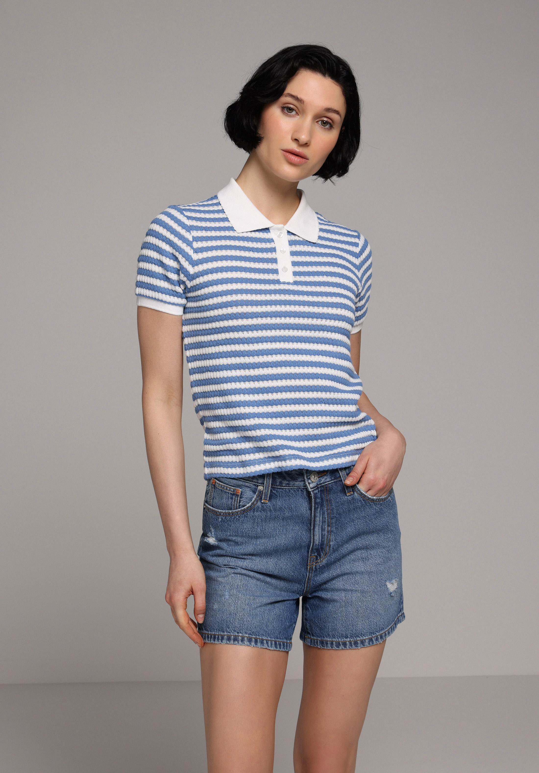 Mom Fit Yüksel Bel Düz Kadın Mid İndigo Denim Jean Şort