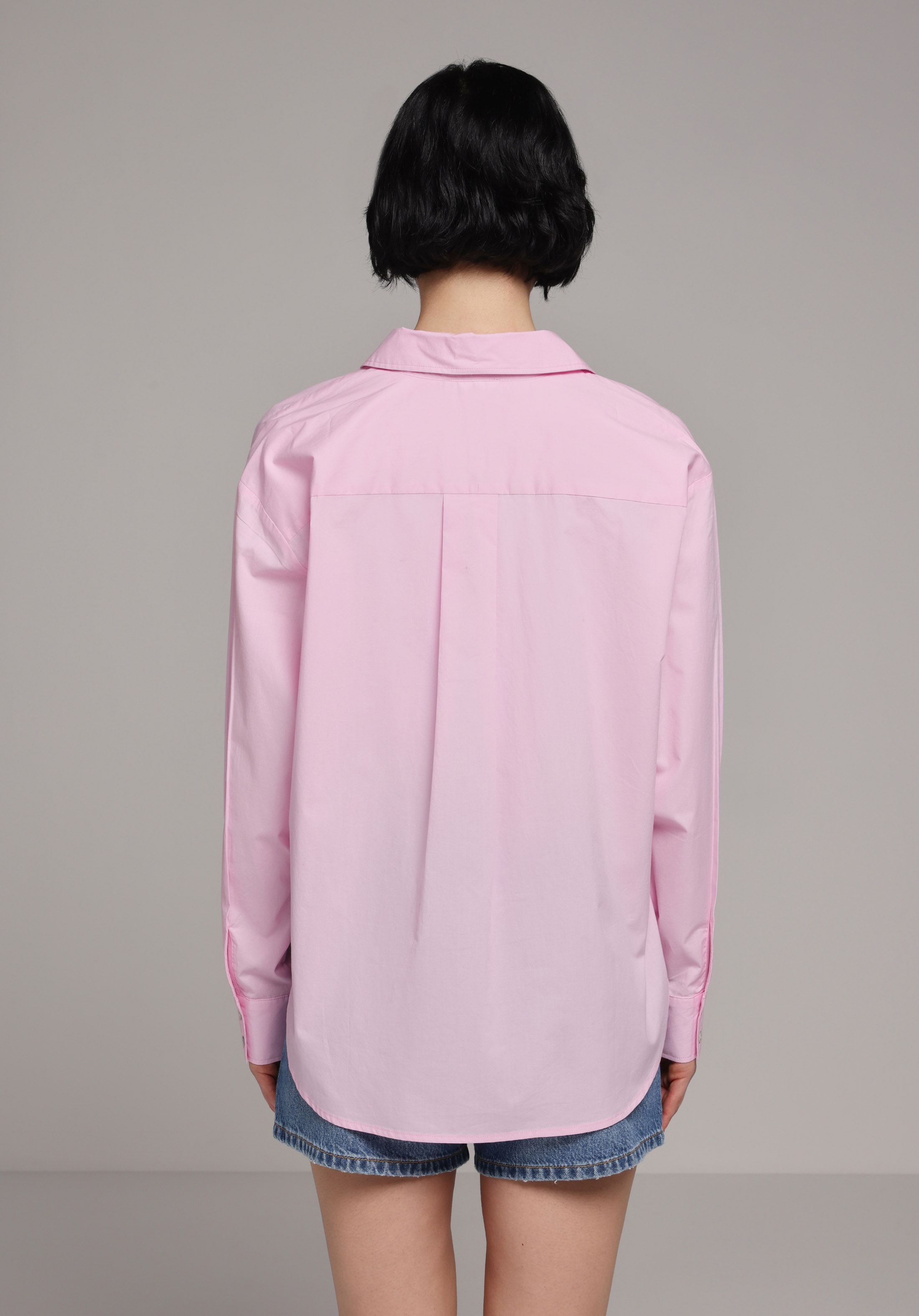Boyfriend Fit Shirt Neck Düz Kadın Pembe Uzun Kol Gömlek