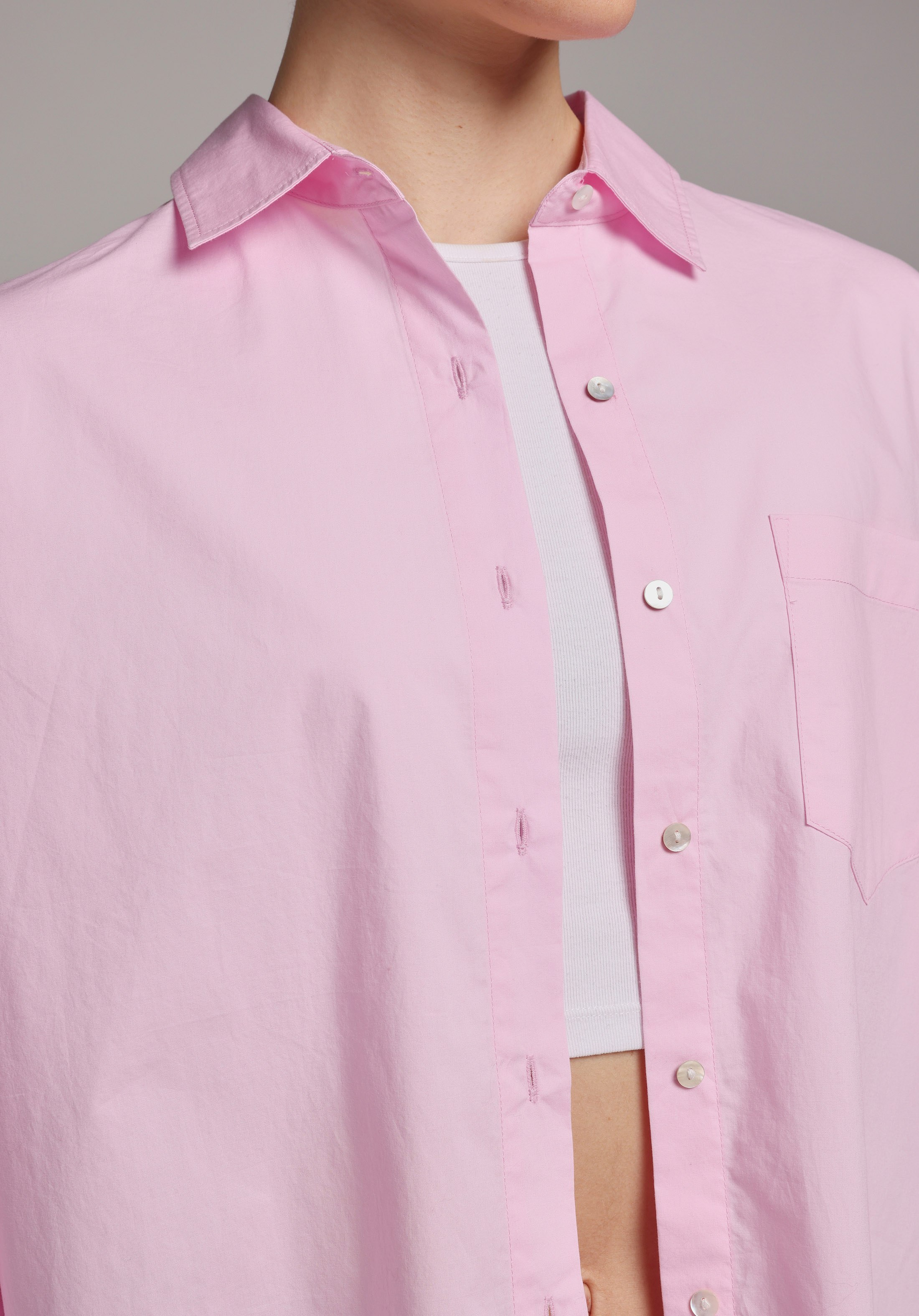 Boyfriend Fit Shirt Neck Düz Kadın Pembe Uzun Kol Gömlek
