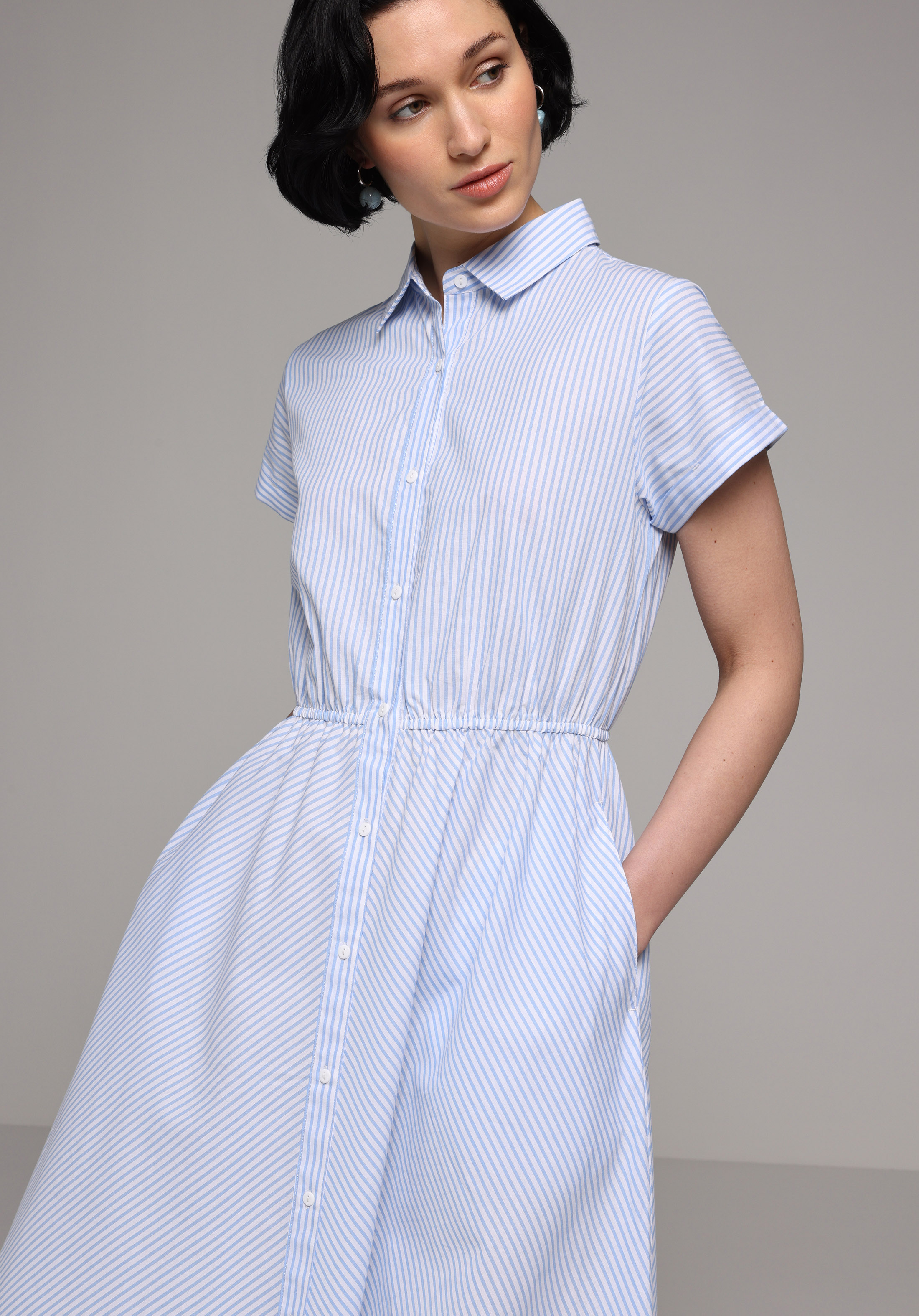 Regular Fit Çizgili Kadın Mavi Kısa Kol Elbise