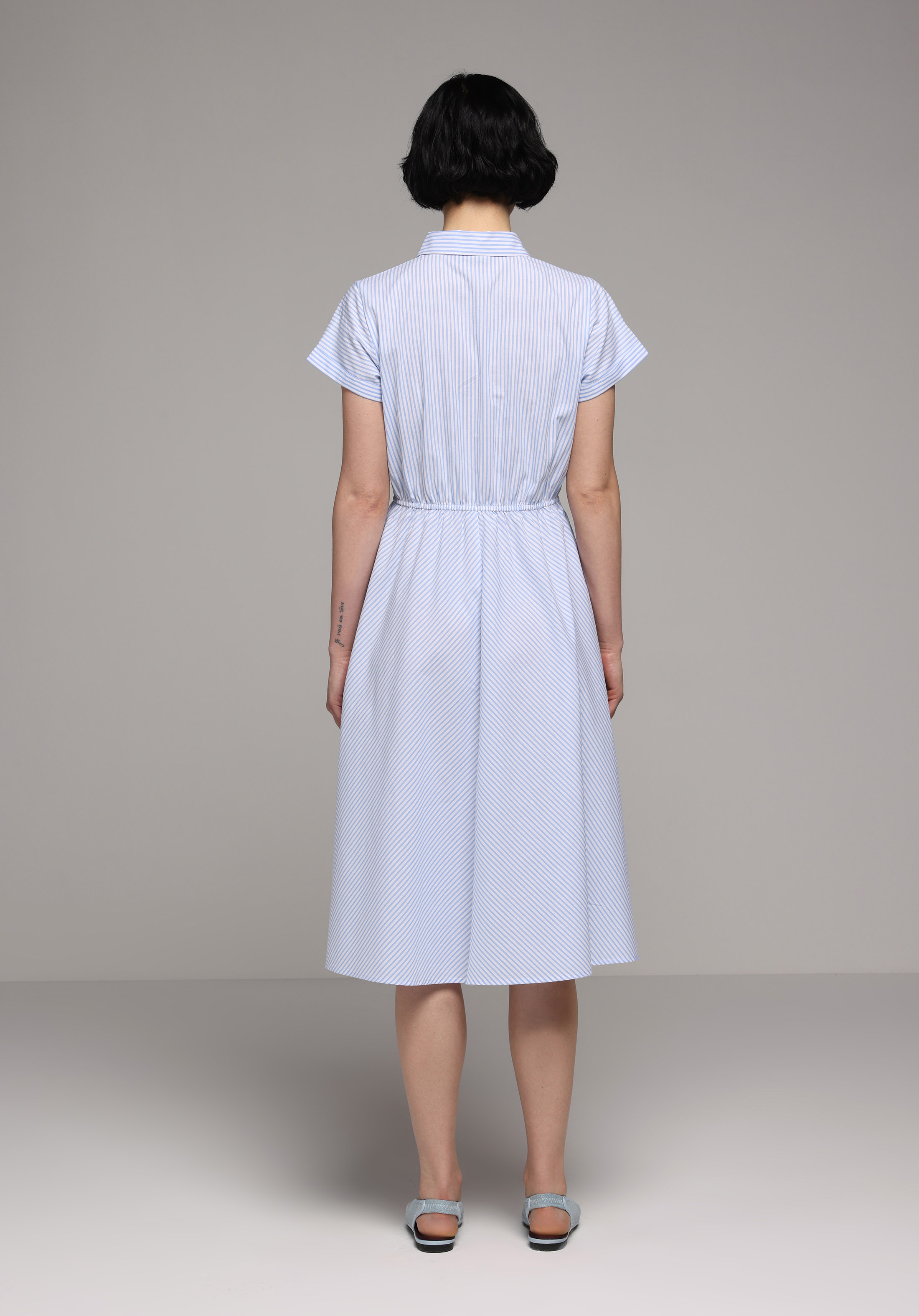 Regular Fit Çizgili Kadın Mavi Kısa Kol Elbise