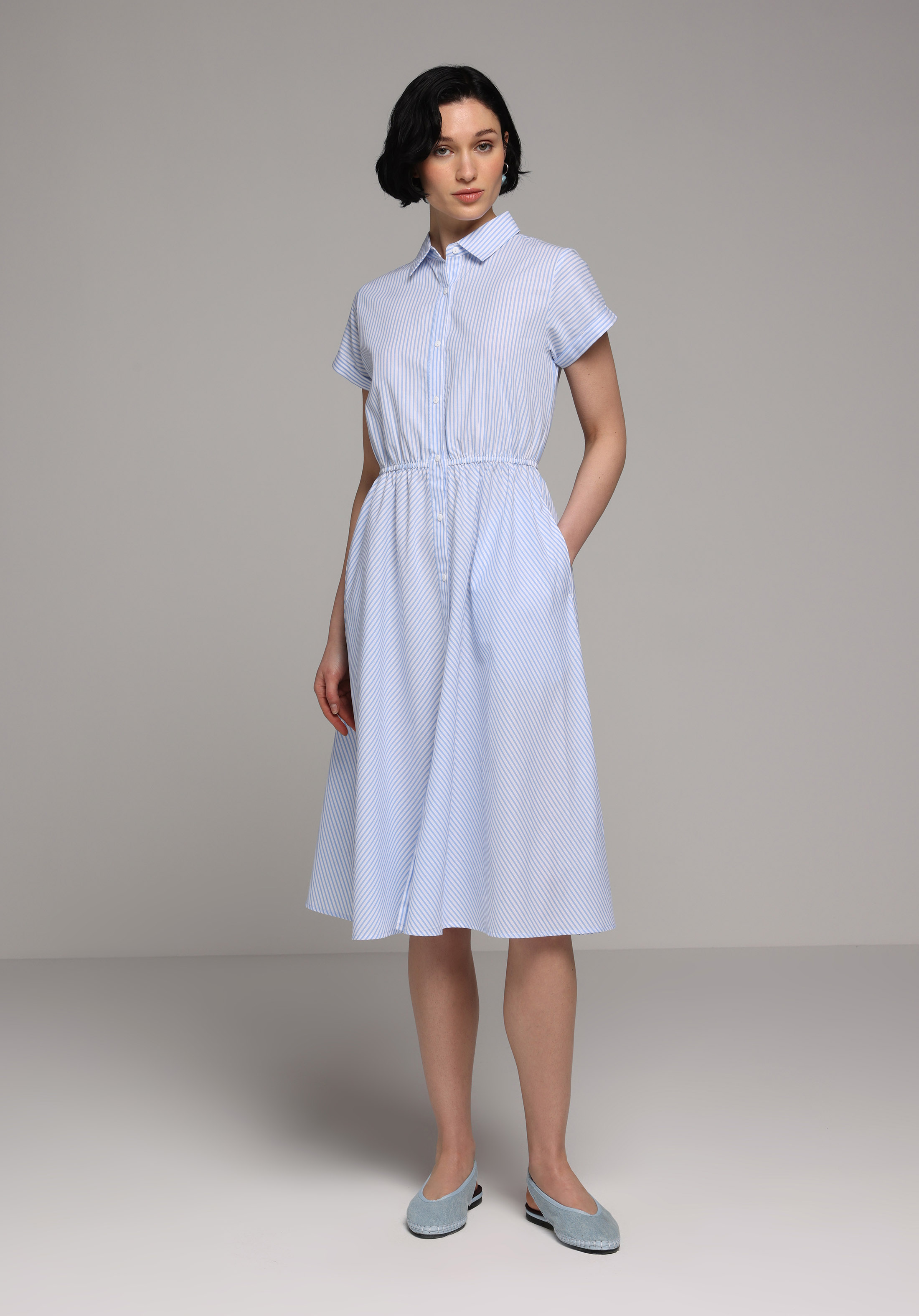 Regular Fit Çizgili Kadın Mavi Kısa Kol Elbise