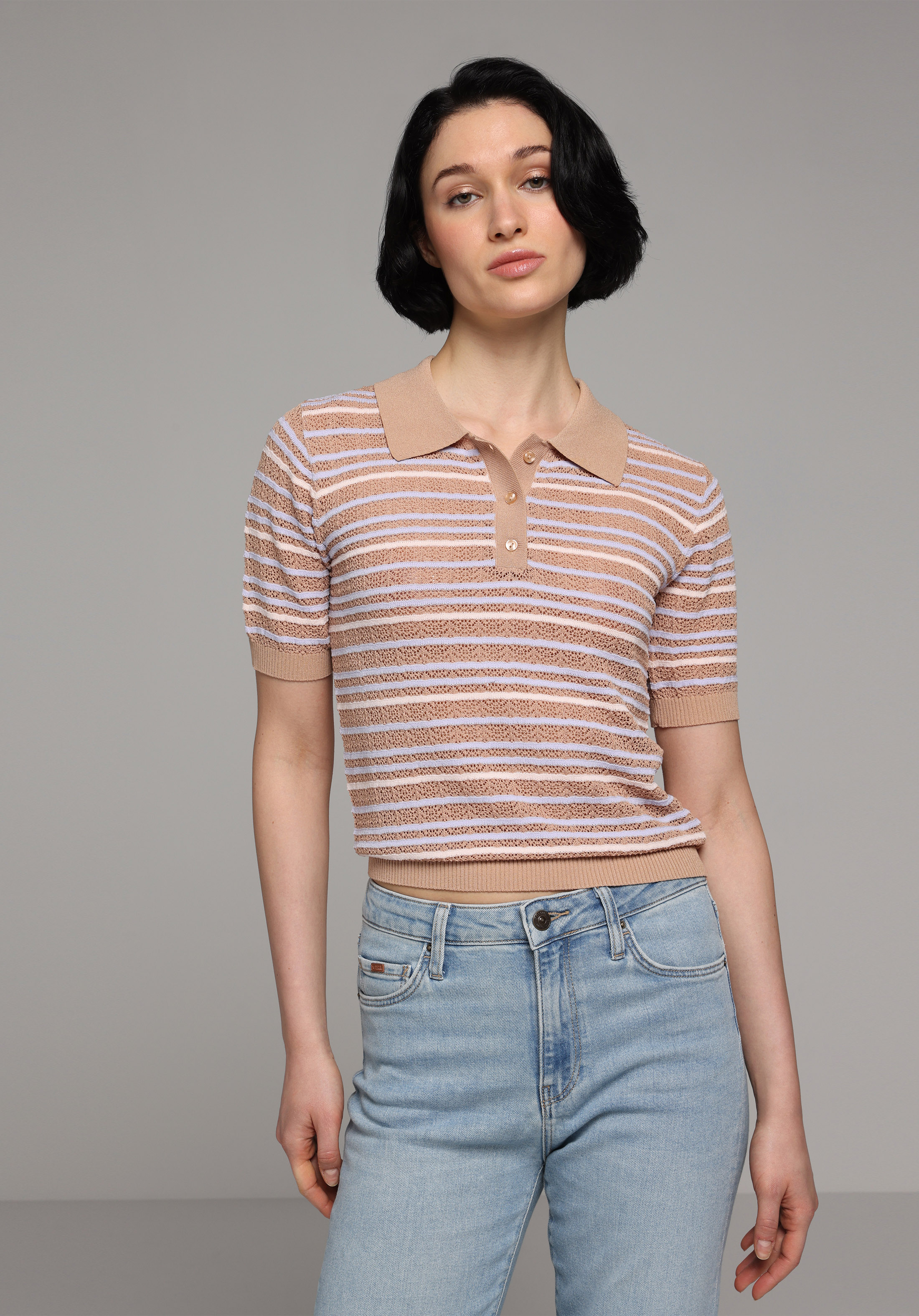 Slim Fit Polo Yaka Çizgili Kadın Bej Kısa Kol Kazak