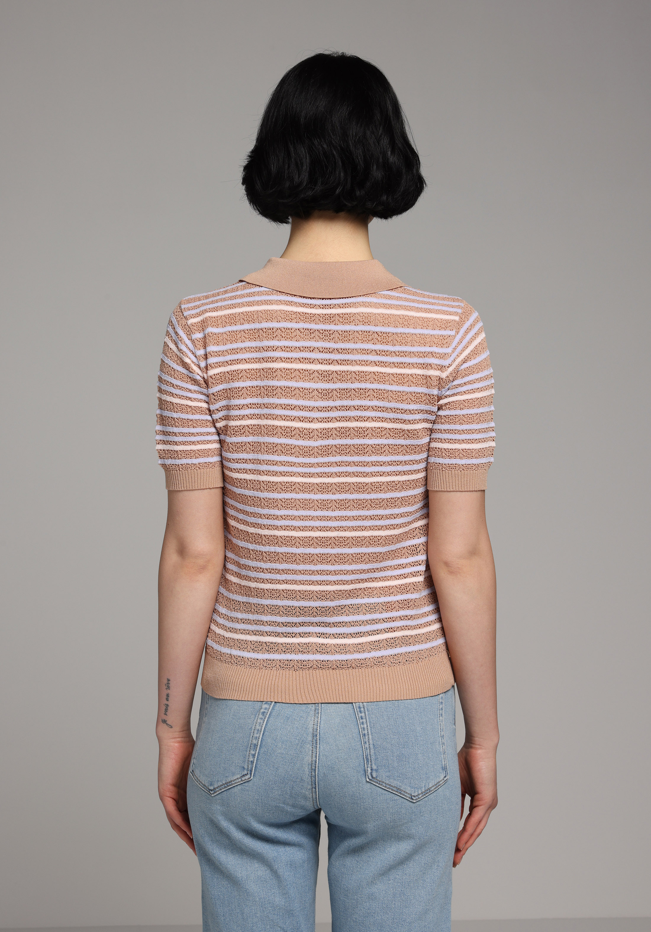 Slim Fit Polo Yaka Çizgili Kadın Bej Kısa Kol Kazak
