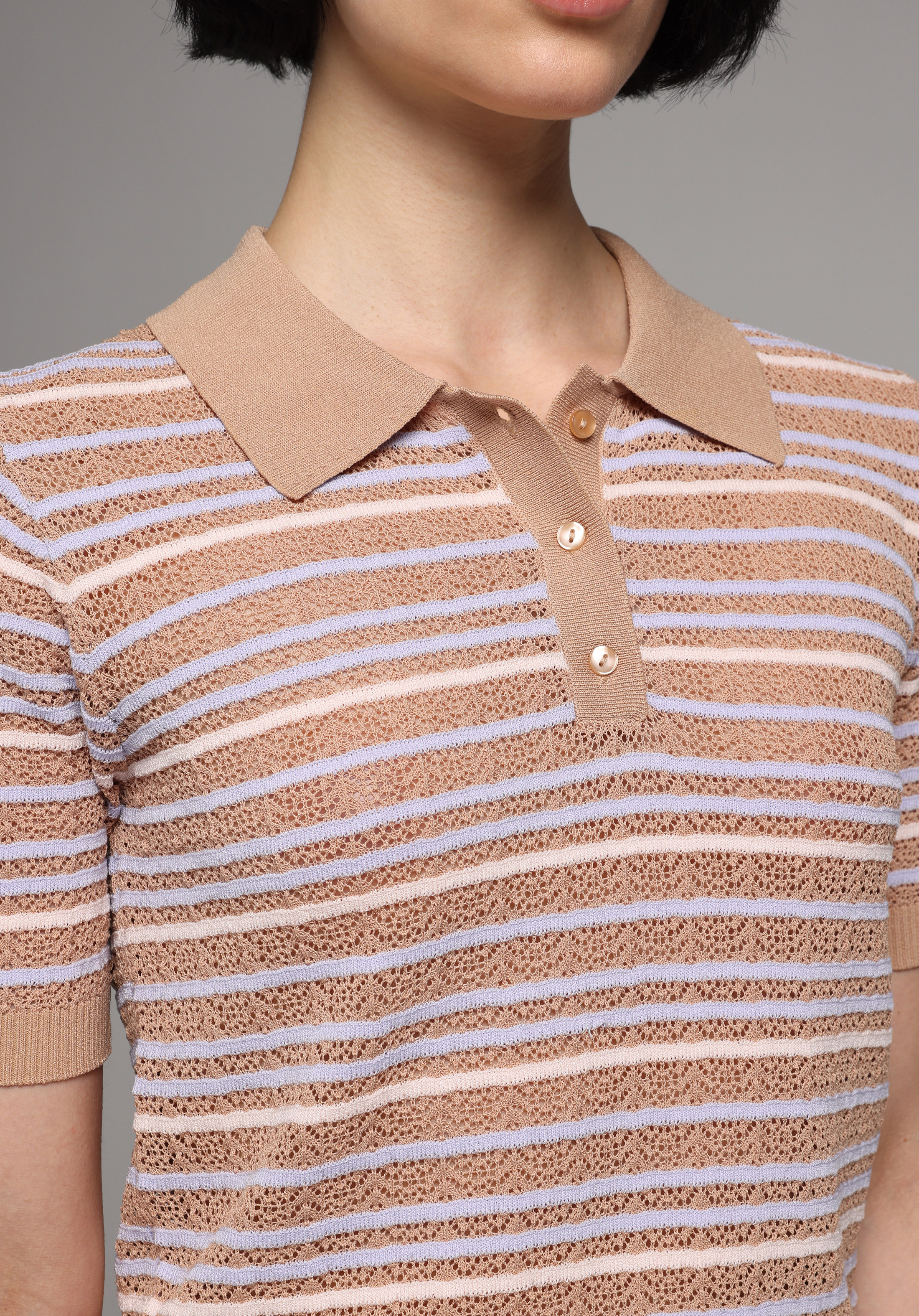 Slim Fit Polo Yaka Çizgili Kadın Bej Kısa Kol Kazak