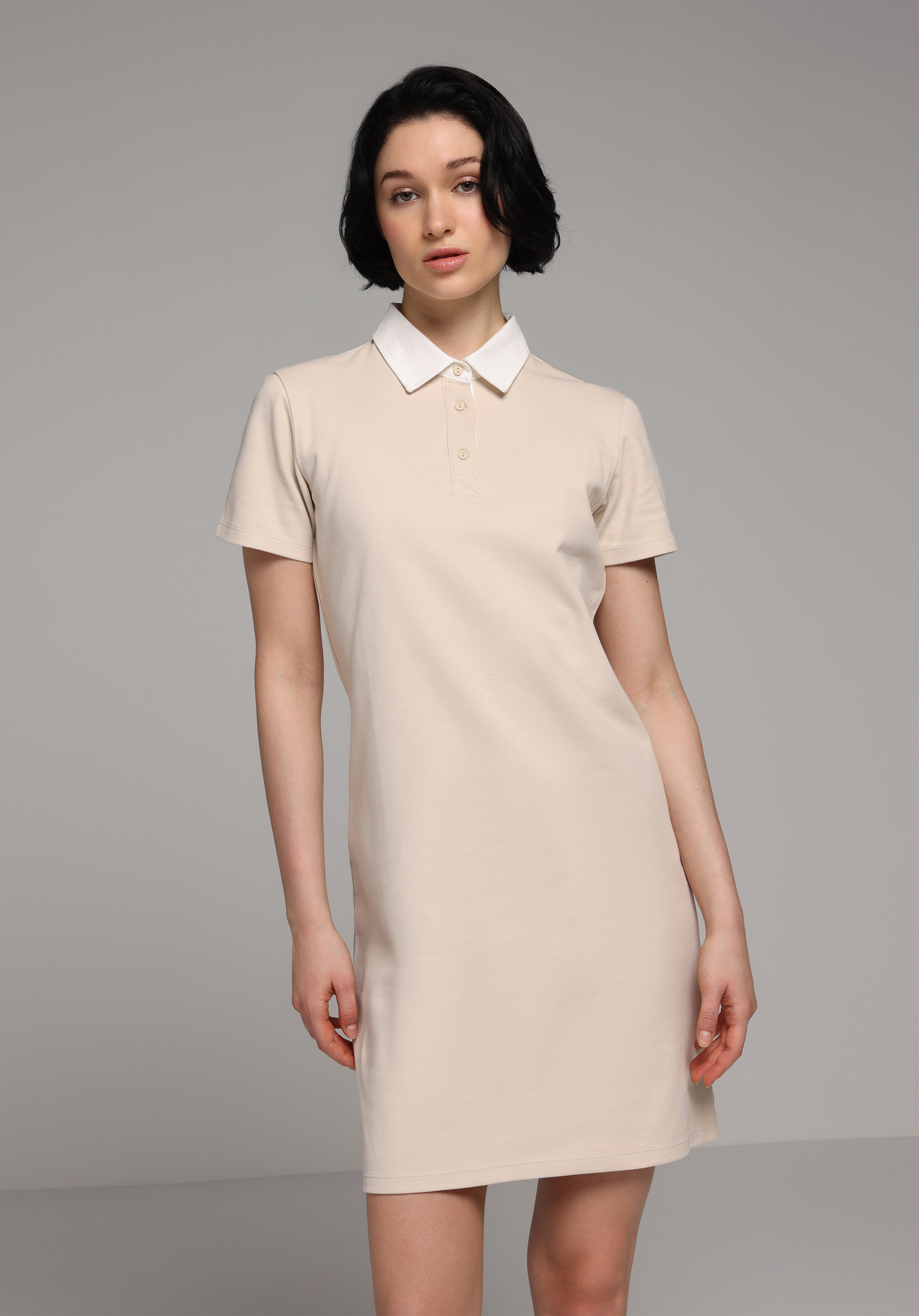 Slim Fit Nakışlı Kadın Bej Kısa Kol Elbise