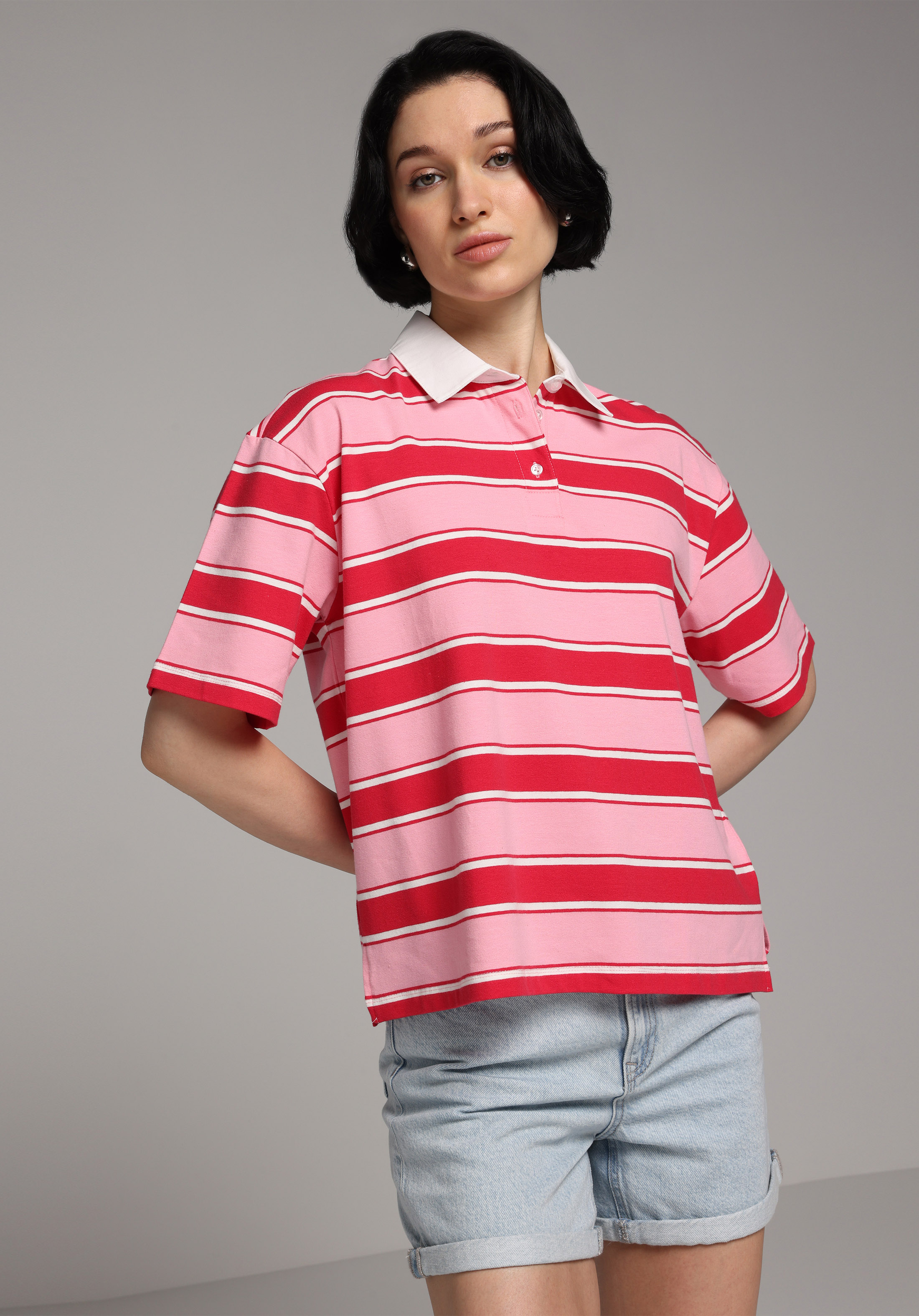 Regular Fit Polo Yaka Çizgili Kadın Kirmizi Kısa Kol Tişört