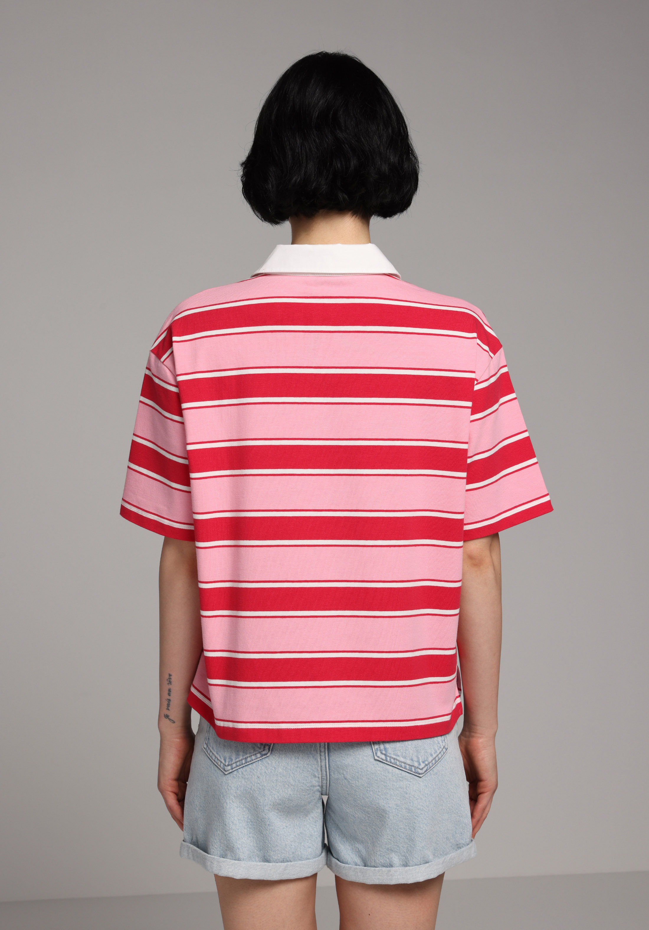 Regular Fit Polo Yaka Çizgili Kadın Kirmizi Kısa Kol Tişört