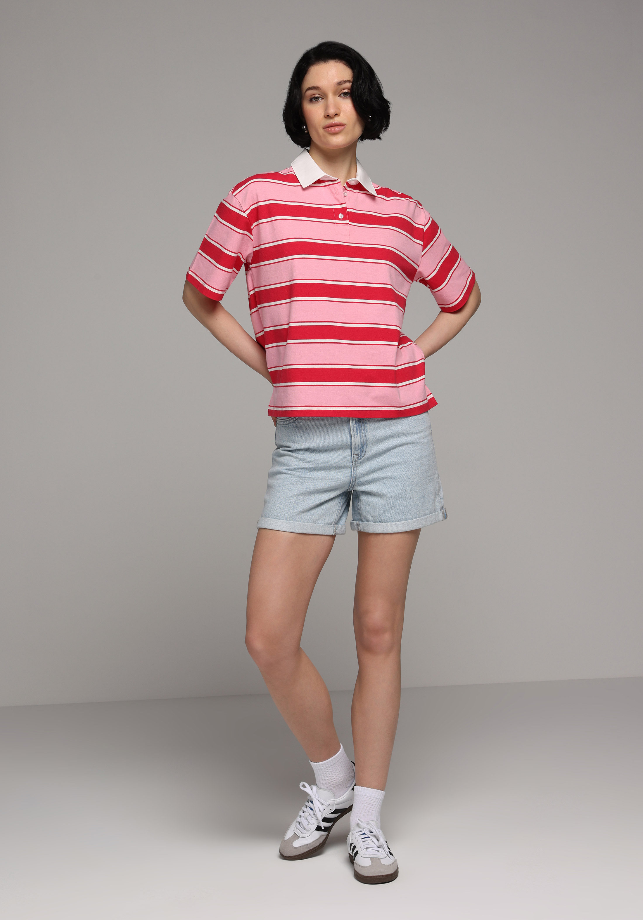 Regular Fit Polo Yaka Çizgili Kadın Kirmizi Kısa Kol Tişört