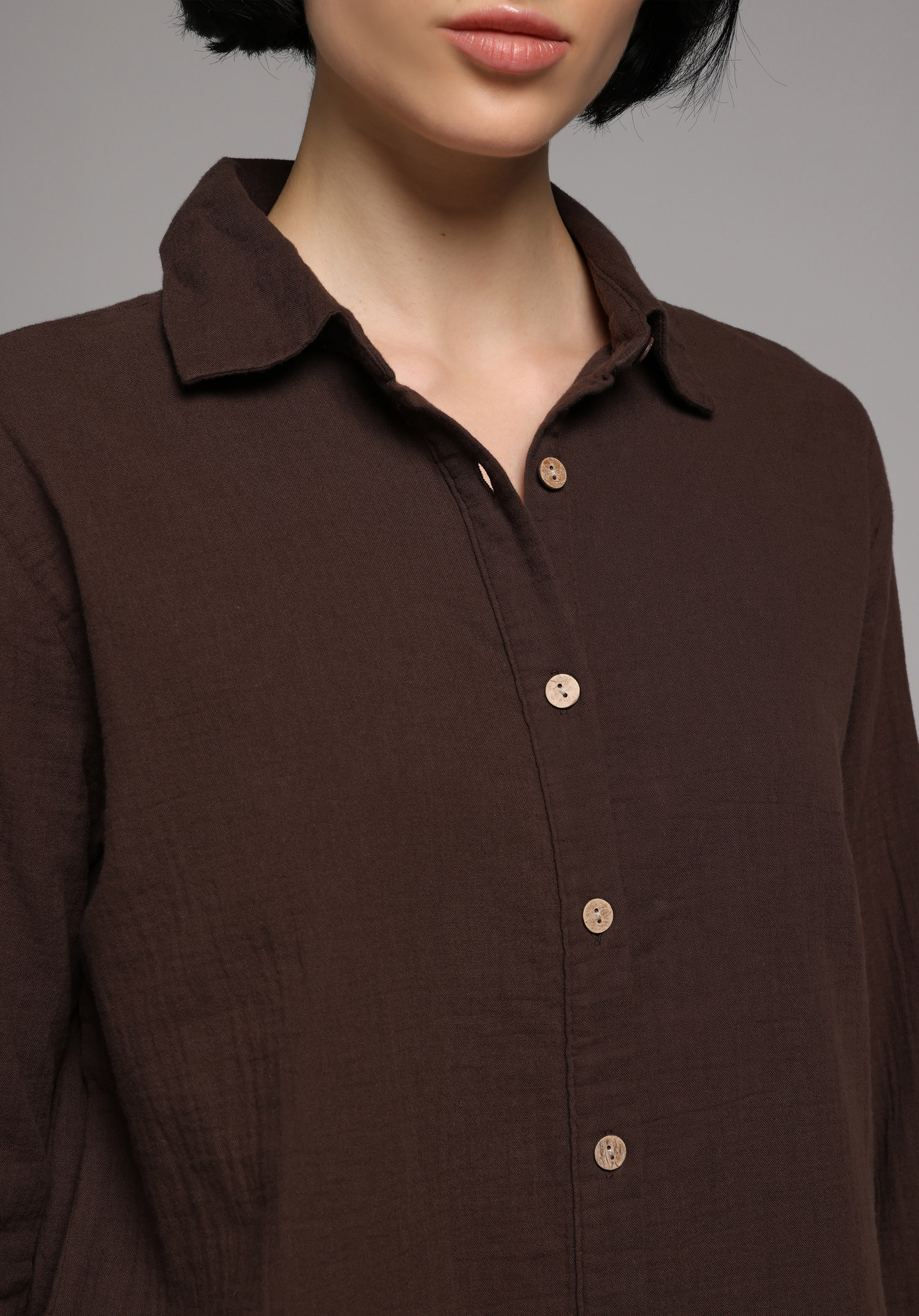Regular Fit Shirt Neck Düz Kadın Kahverengi Kısa Kol Gömlek