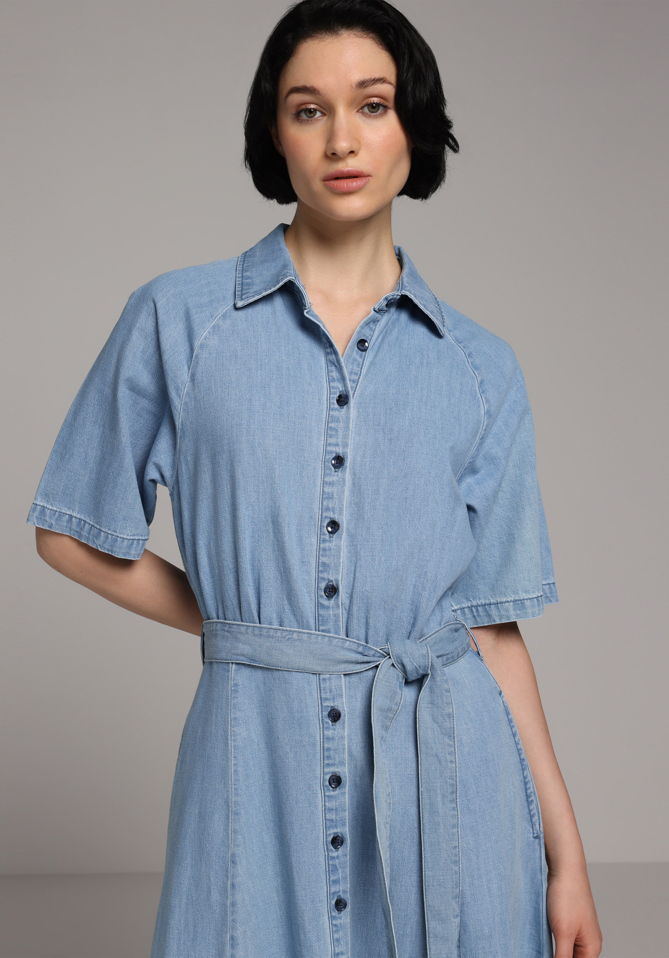 Regular Fit Düz Kadın Light İndigo Denim Kısa Kol Elbise