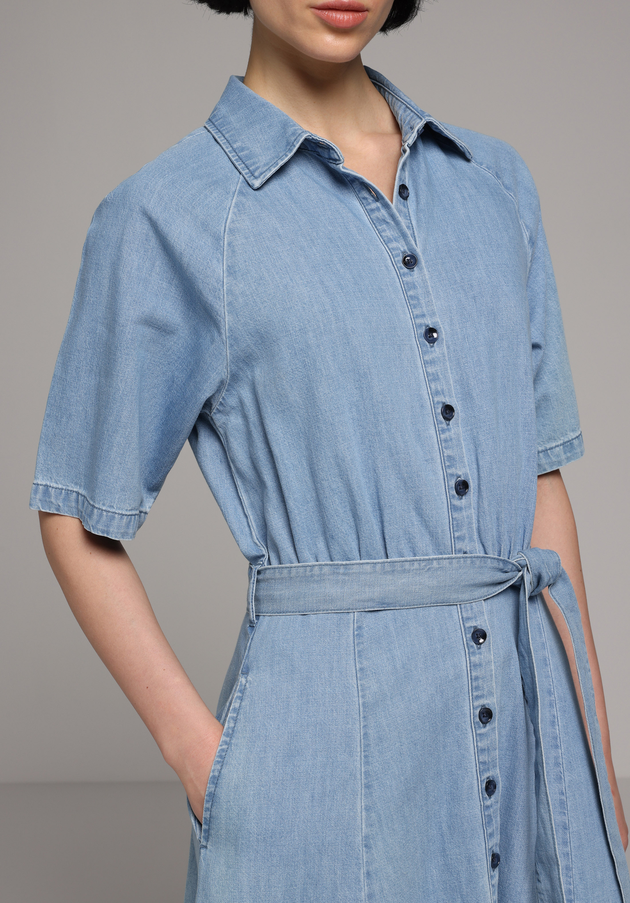 Regular Fit Düz Kadın Light İndigo Denim Kısa Kol Elbise