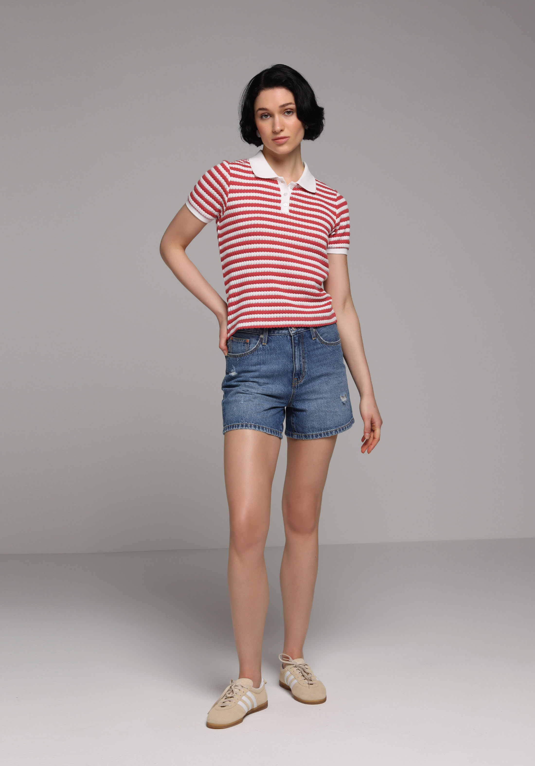 Slim Fit Polo Yaka Çizgili Kadın Kirmizi Kısa Kol Tişört