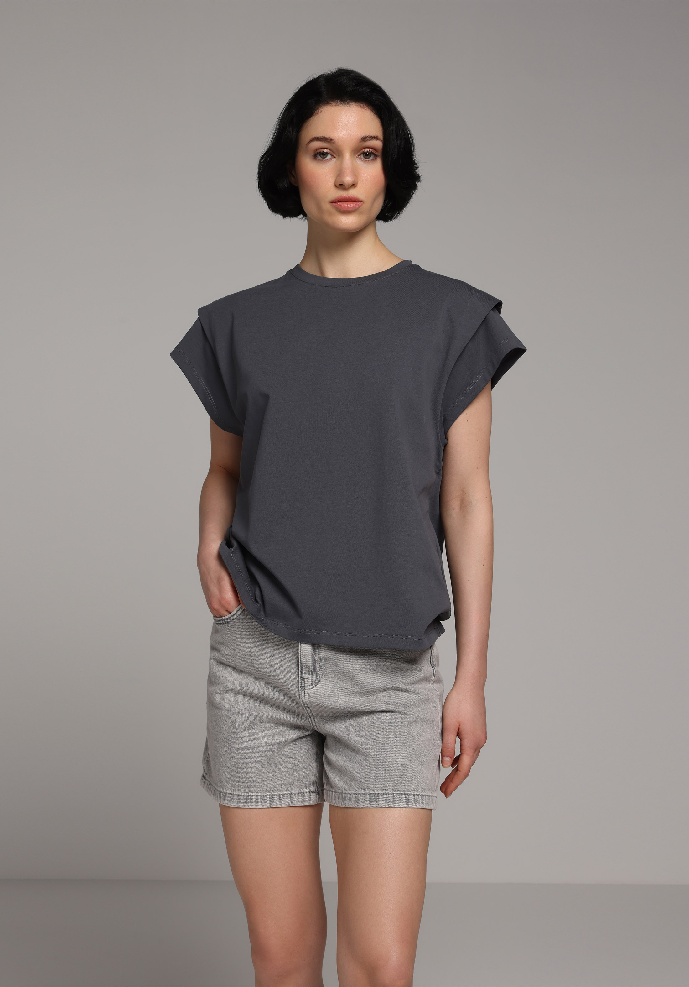 Mom Fit Yüksel Bel Düz Kadın Grey Denim Jean Şort