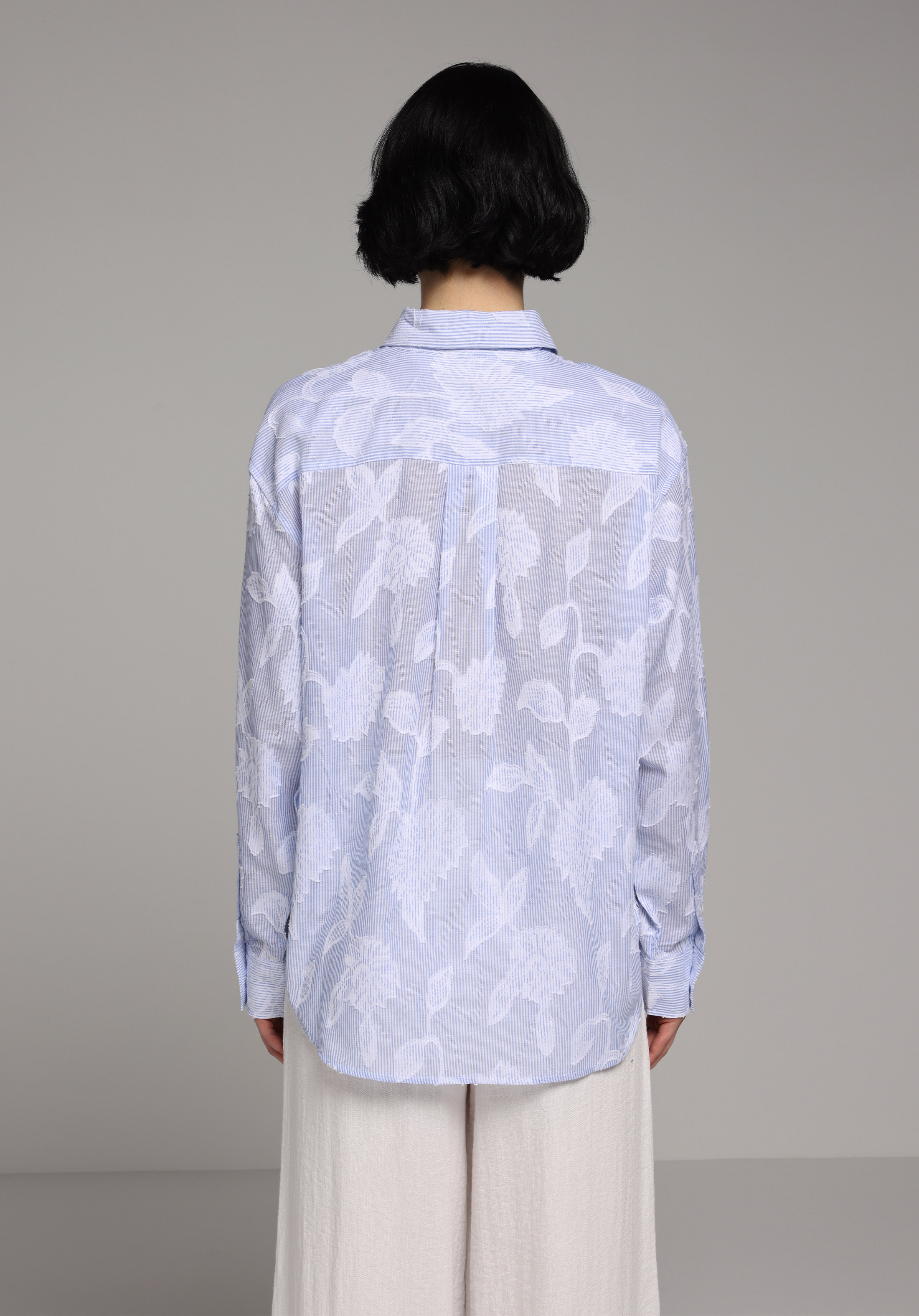 Boyfriend Fit Shirt Neck Jakarlı Kadın Mavi Uzun Kol Gömlek