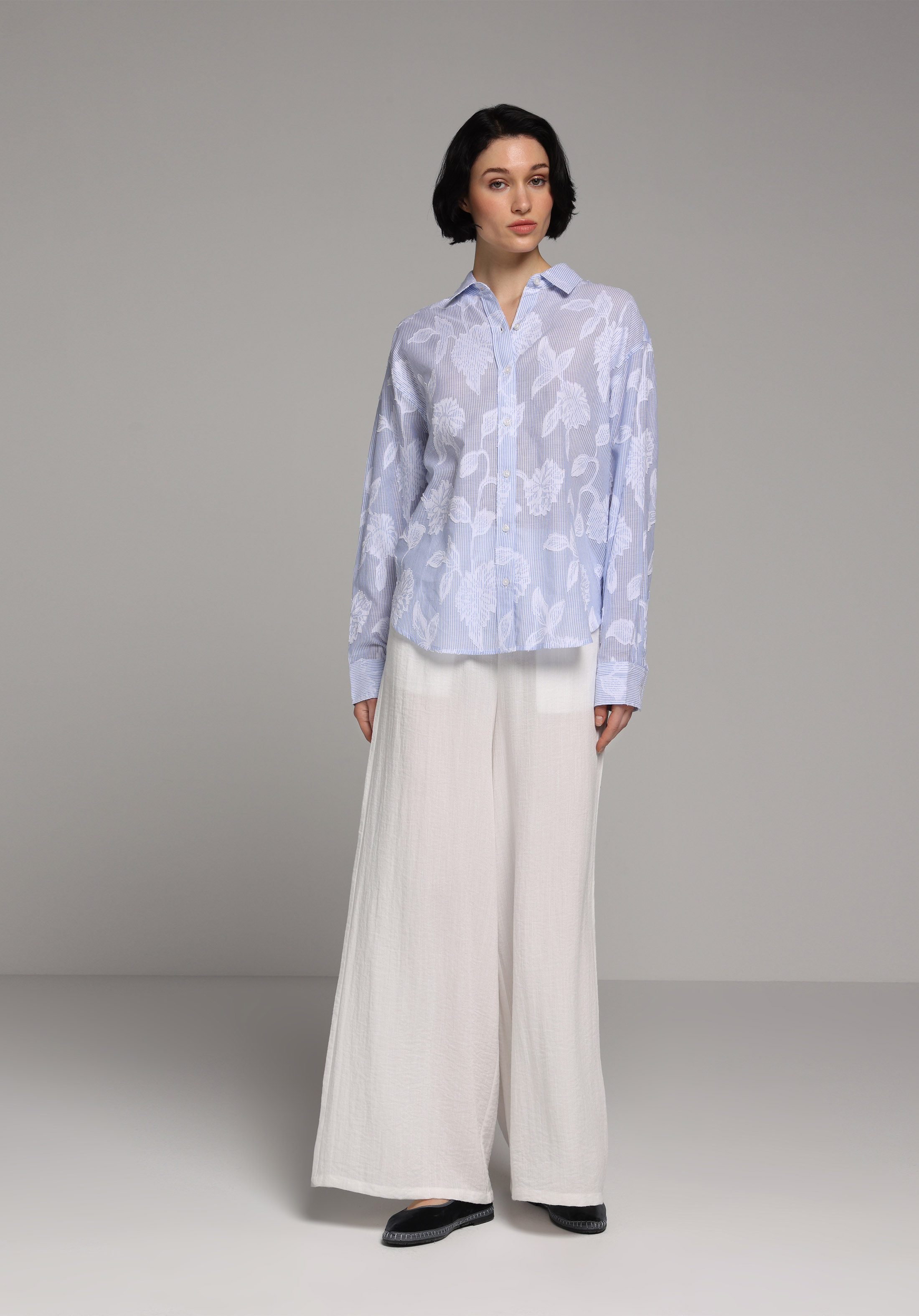 Boyfriend Fit Shirt Neck Jakarlı Kadın Mavi Uzun Kol Gömlek