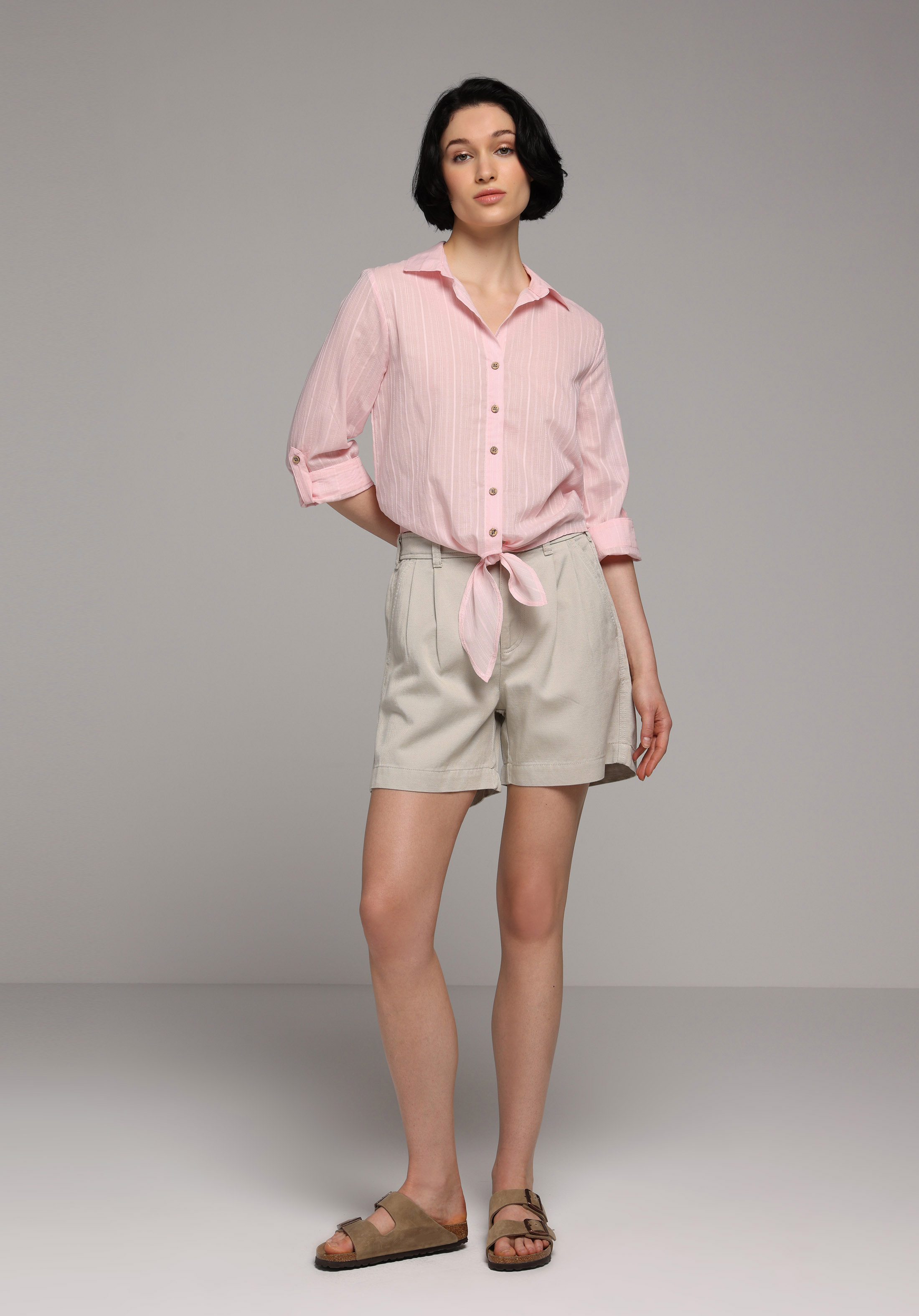 Fashion Fit Shirt Neck Düz Kadın Turuncu Roll-up Gömlek