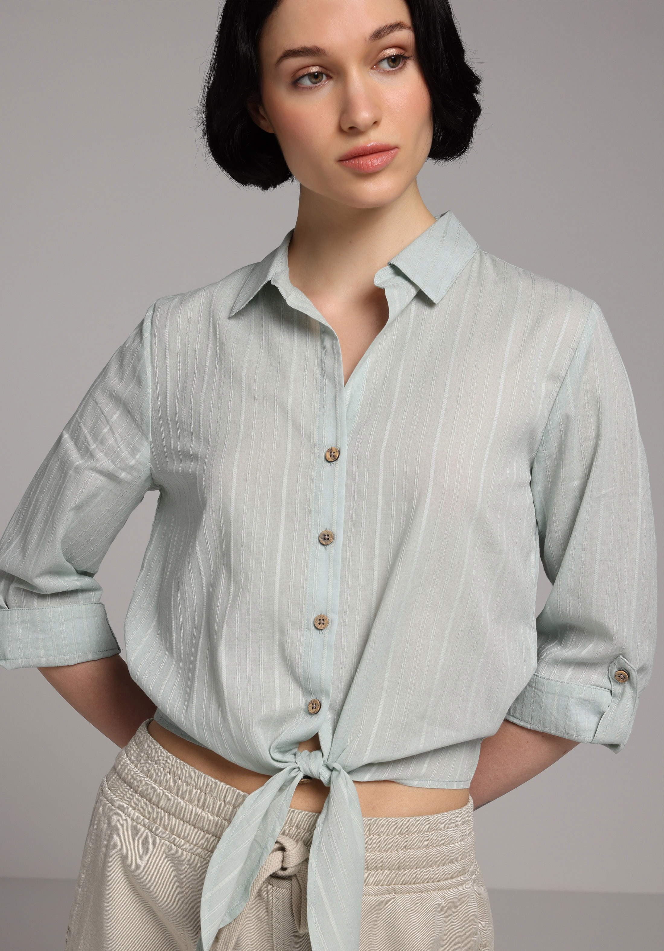 Fashion Fit Shirt Neck Düz Kadın Yeşil Roll-up Gömlek