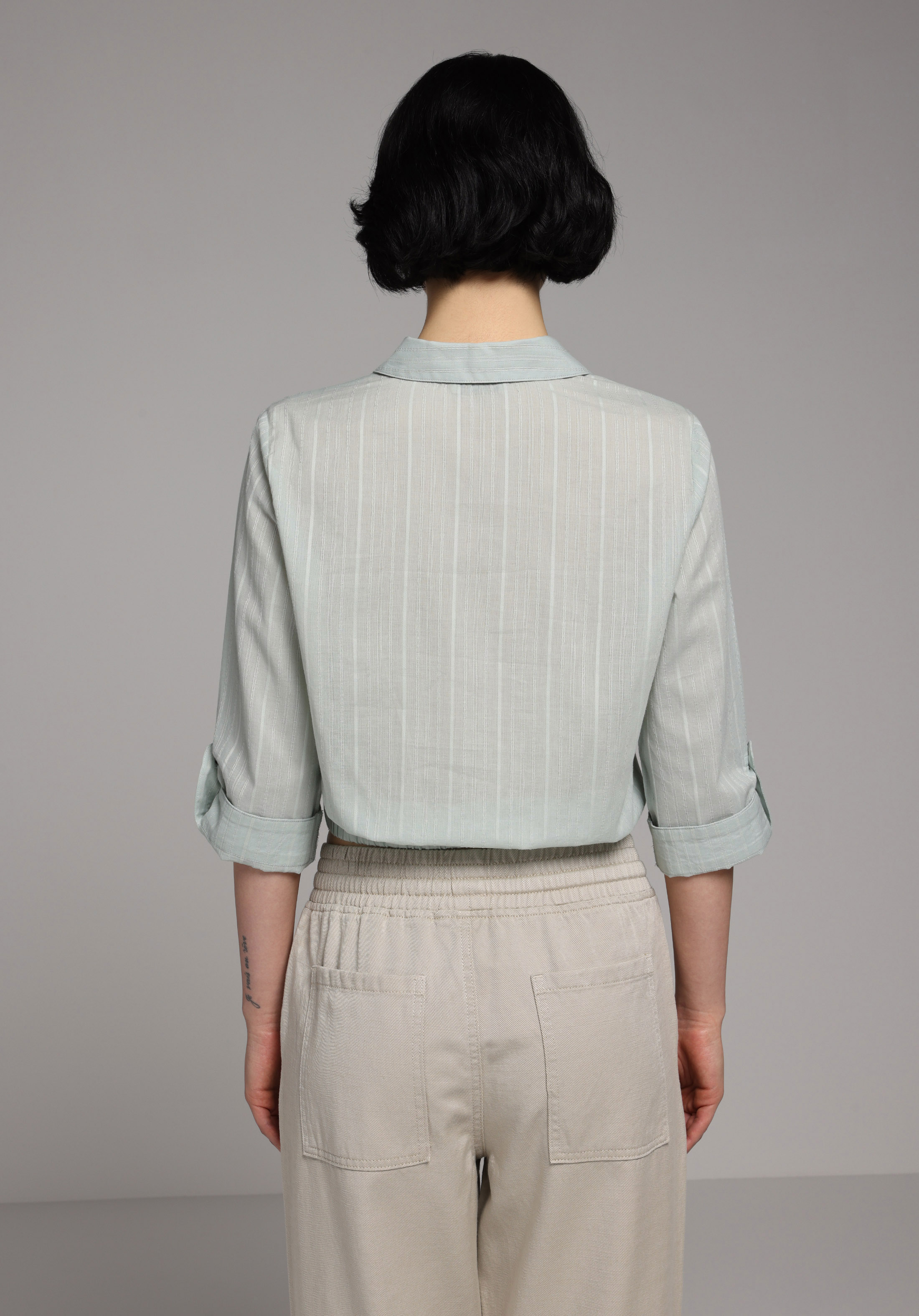 Fashion Fit Shirt Neck Düz Kadın Yeşil Roll-up Gömlek