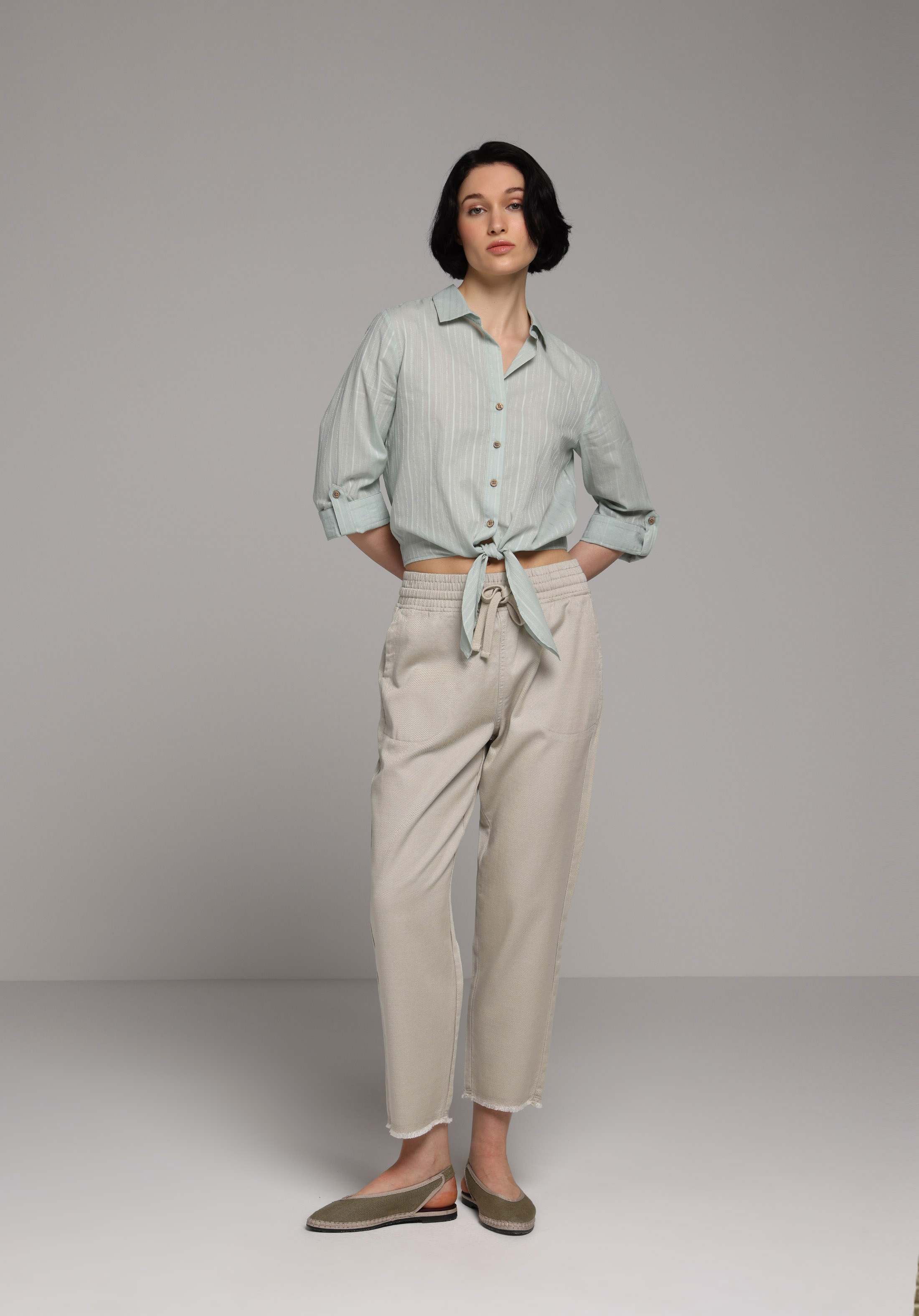 Fashion Fit Shirt Neck Düz Kadın Yeşil Roll-up Gömlek