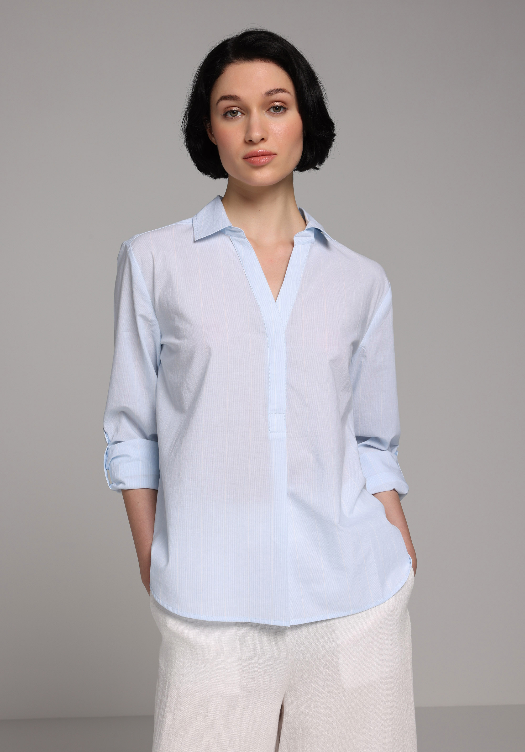 Regular Fit Shirt Neck Çizgili Kadın Mavi Roll-up Gömlek