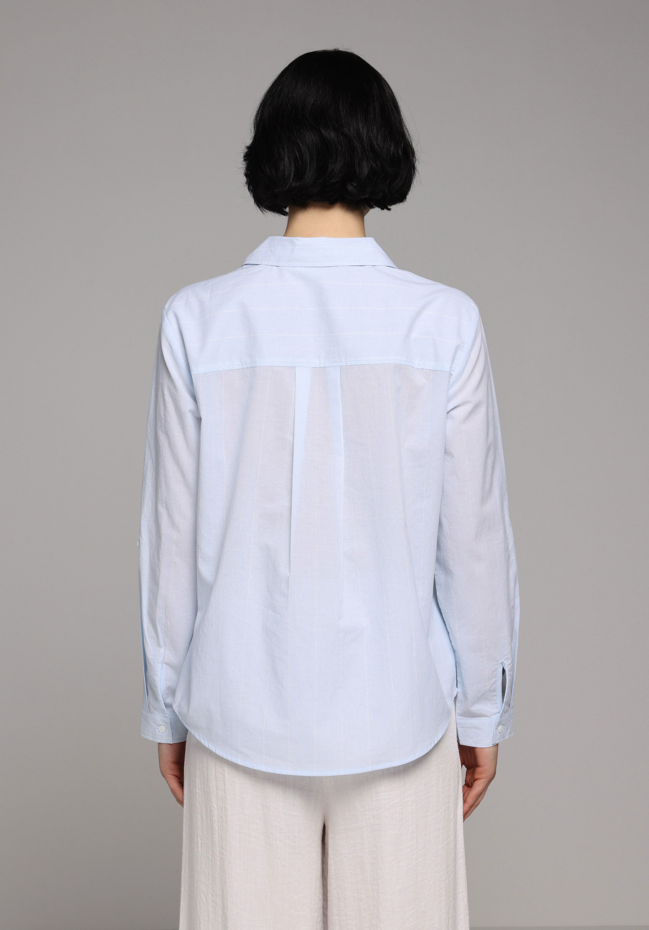 Regular Fit Shirt Neck Çizgili Kadın Mavi Roll-up Gömlek