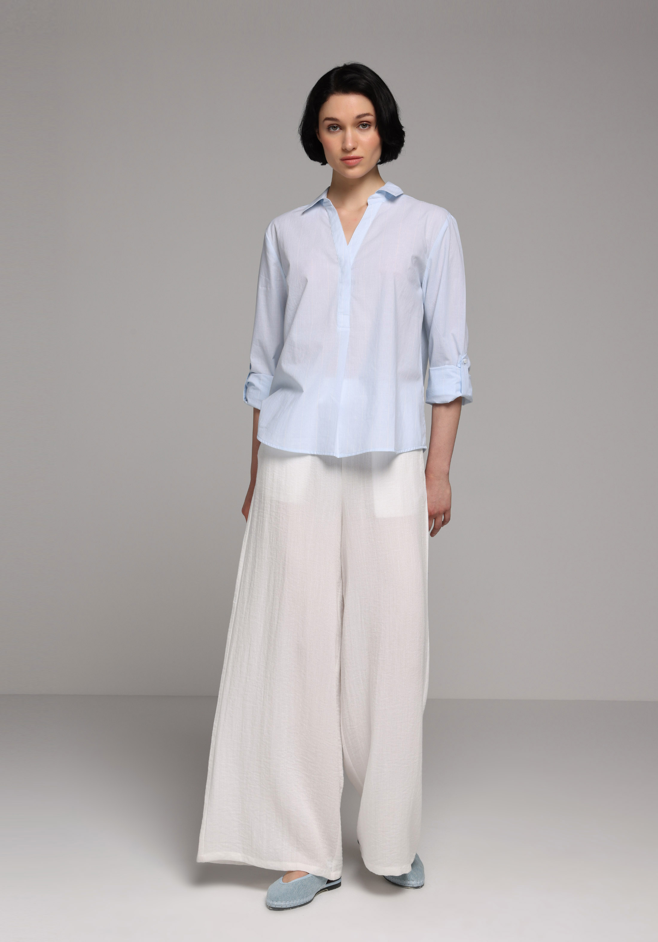 Regular Fit Shirt Neck Çizgili Kadın Mavi Roll-up Gömlek