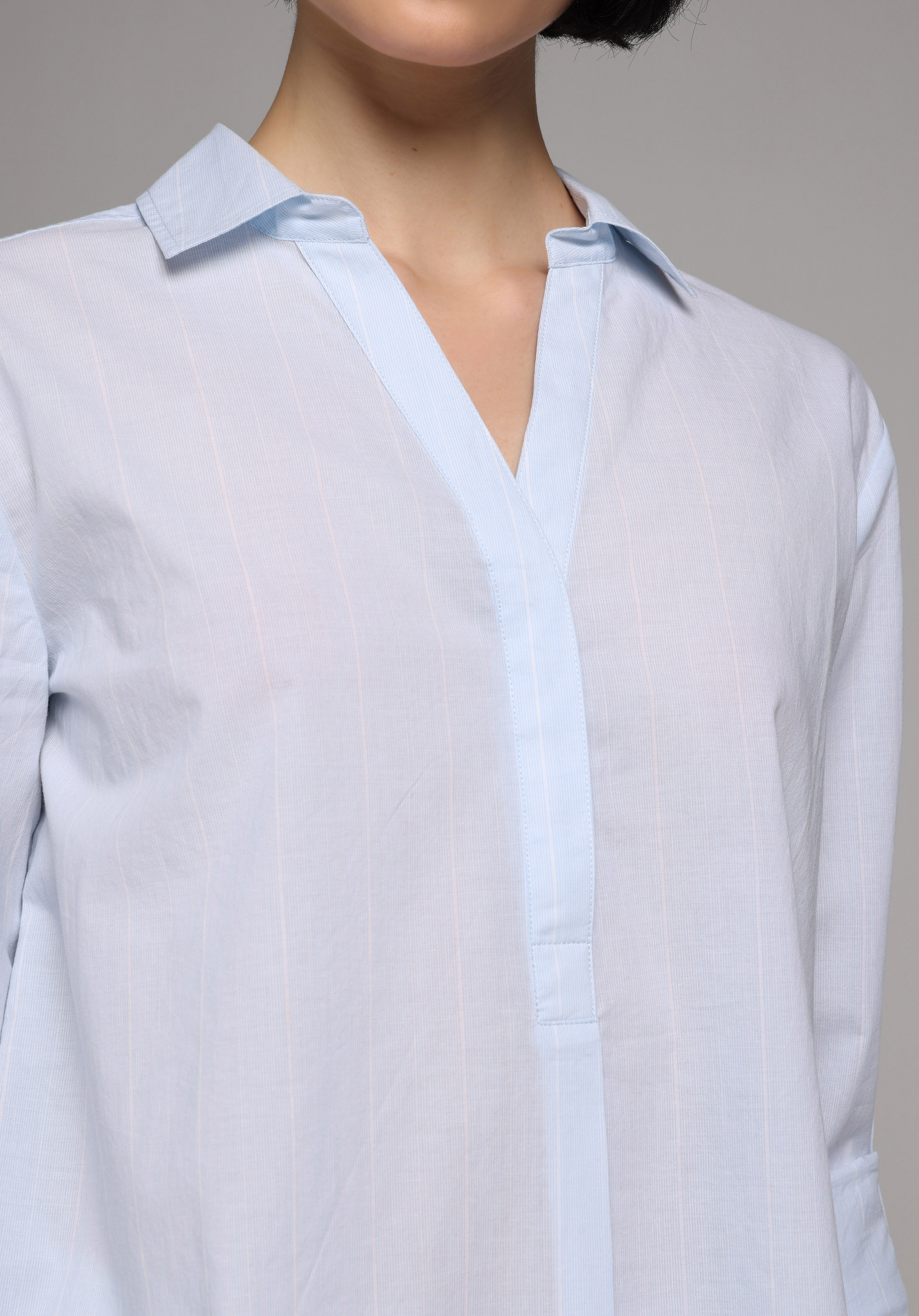 Regular Fit Shirt Neck Çizgili Kadın Mavi Roll-up Gömlek