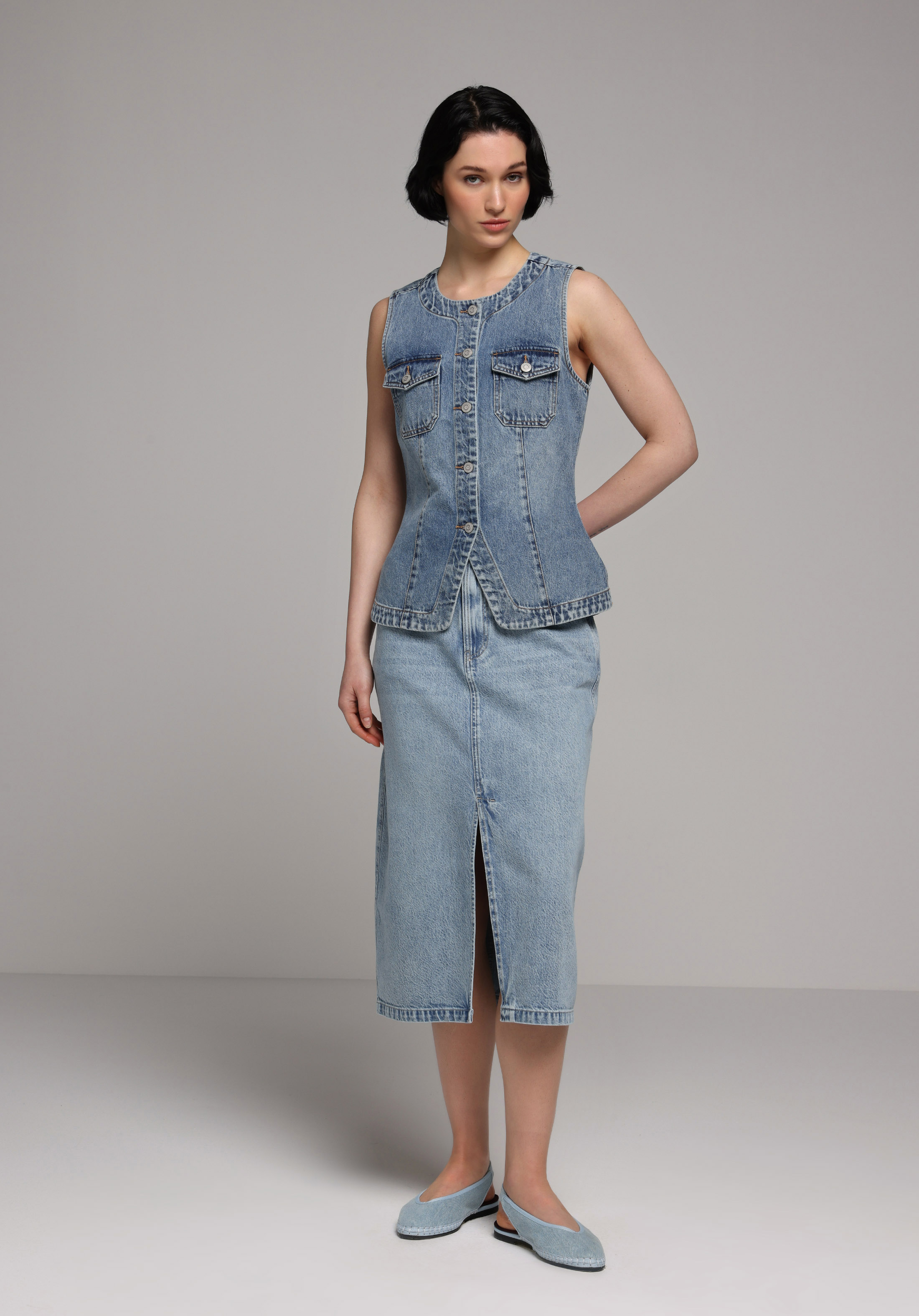 Regular Fit Düz Fermuarlı Kadın Light İndigo Denim Etek