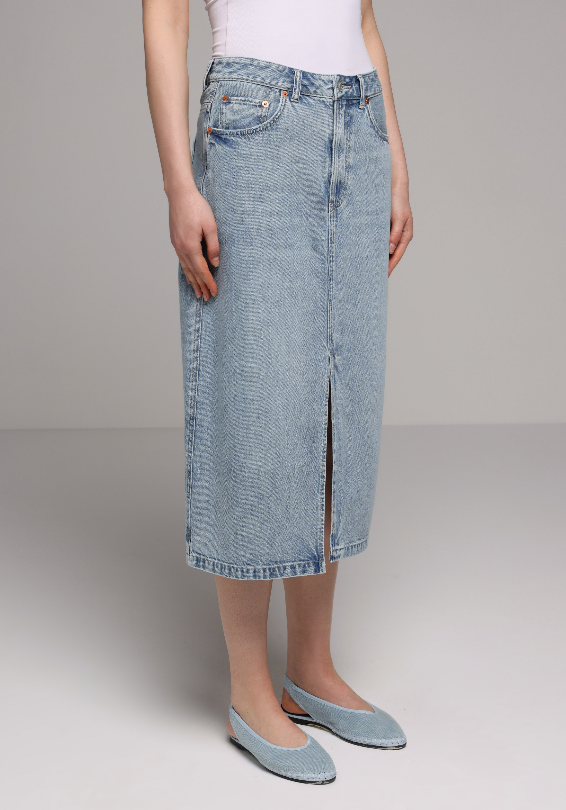 Regular Fit Düz Fermuarlı Kadın Light İndigo Denim Etek